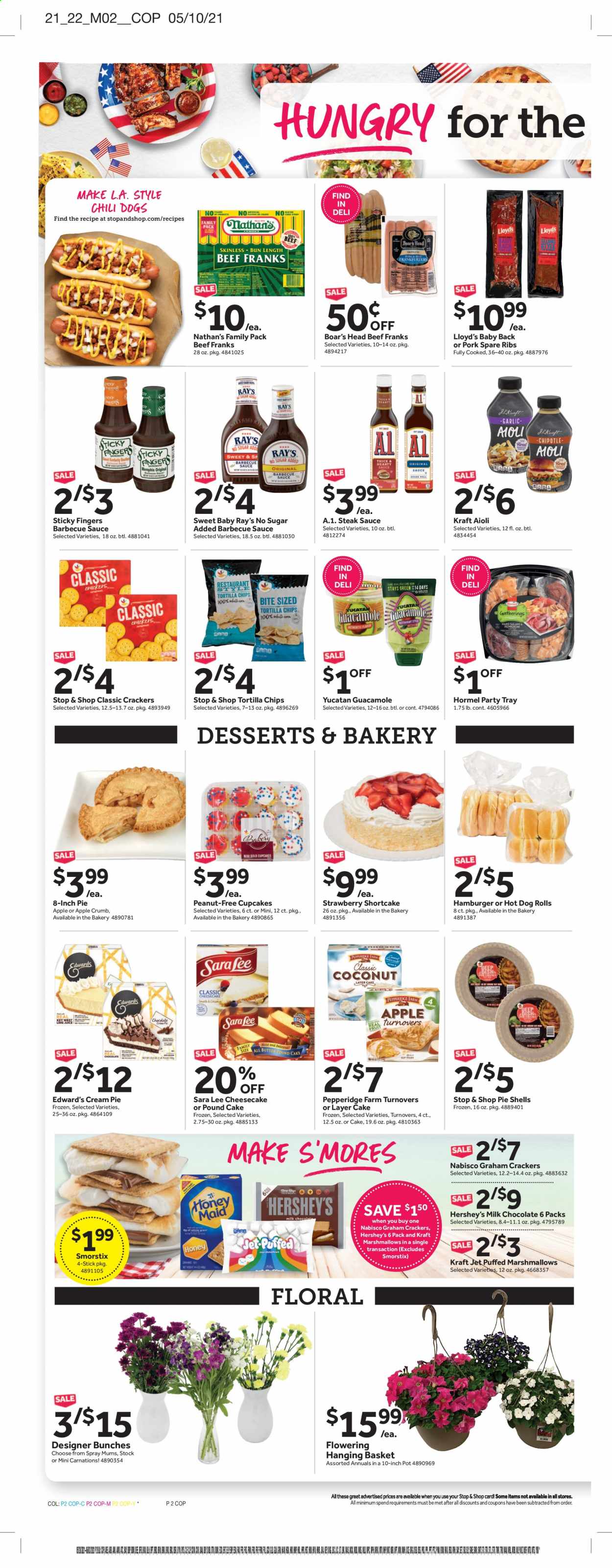 thumbnail - Stop & Shop Flyer - 05/28/2021 - 06/03/2021 - Sales products - hot dog rolls, Sara Lee, turnovers, cupcake, cheesecake, cream pie, pound cake, steak, hamburger, pork meat, pork ribs, pork spare ribs, pork back ribs, sauce, Kraft®, Hormel, ham, guacamole, Hershey's, graham crackers, marshmallows, milk chocolate, chocolate, crackers, tortilla chips, BBQ sauce, steak sauce, Jet. Page 2.