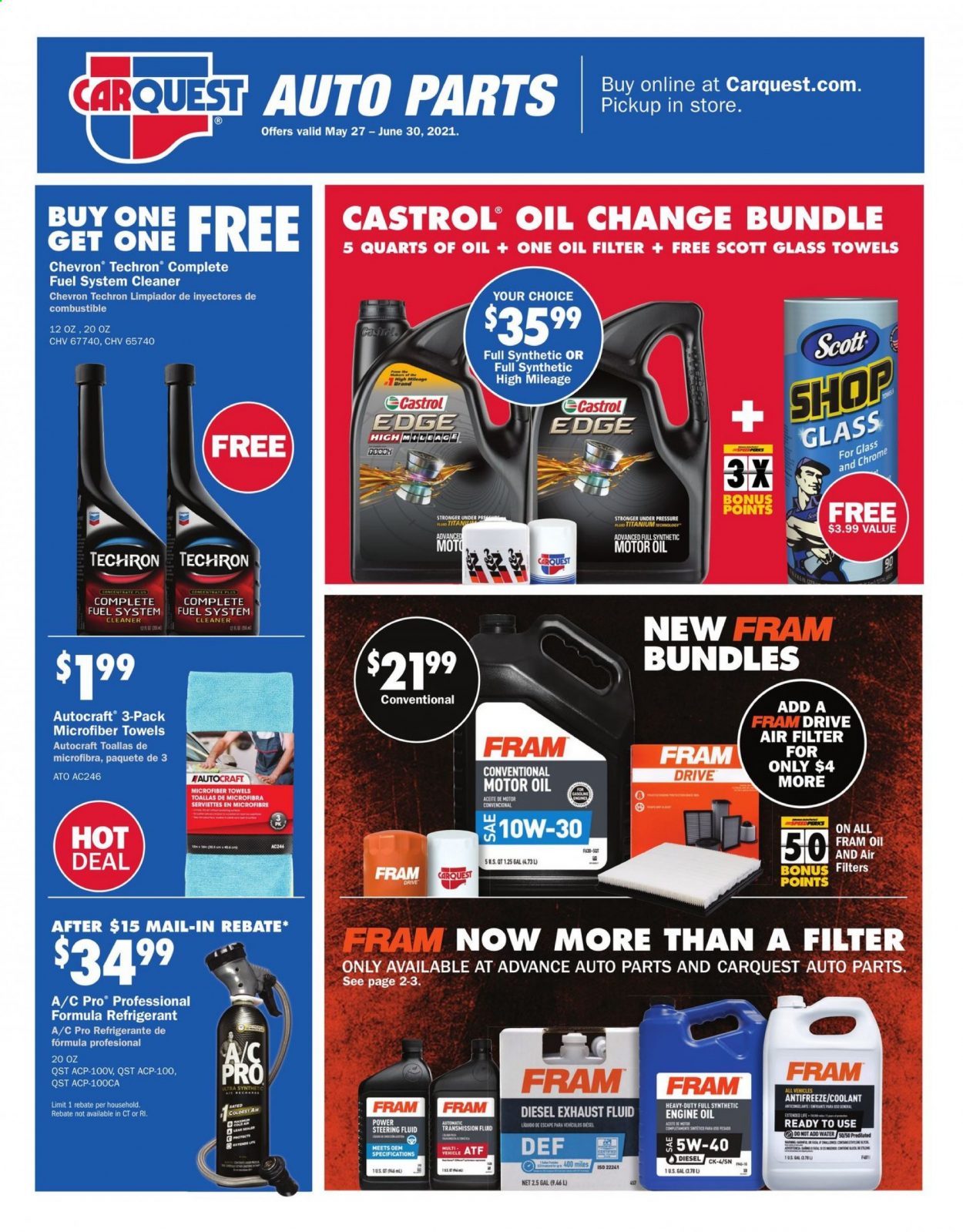 thumbnail - Carquest Flyer - 05/27/2021 - 06/30/2021 - Sales products - air filter, oil filter, fuel system cleaner, microfiber towel, cleaner, antifreeze, motor oil, transmission fluid, Castrol, exhaust fluid, Techron, steering fluid. Page 1.