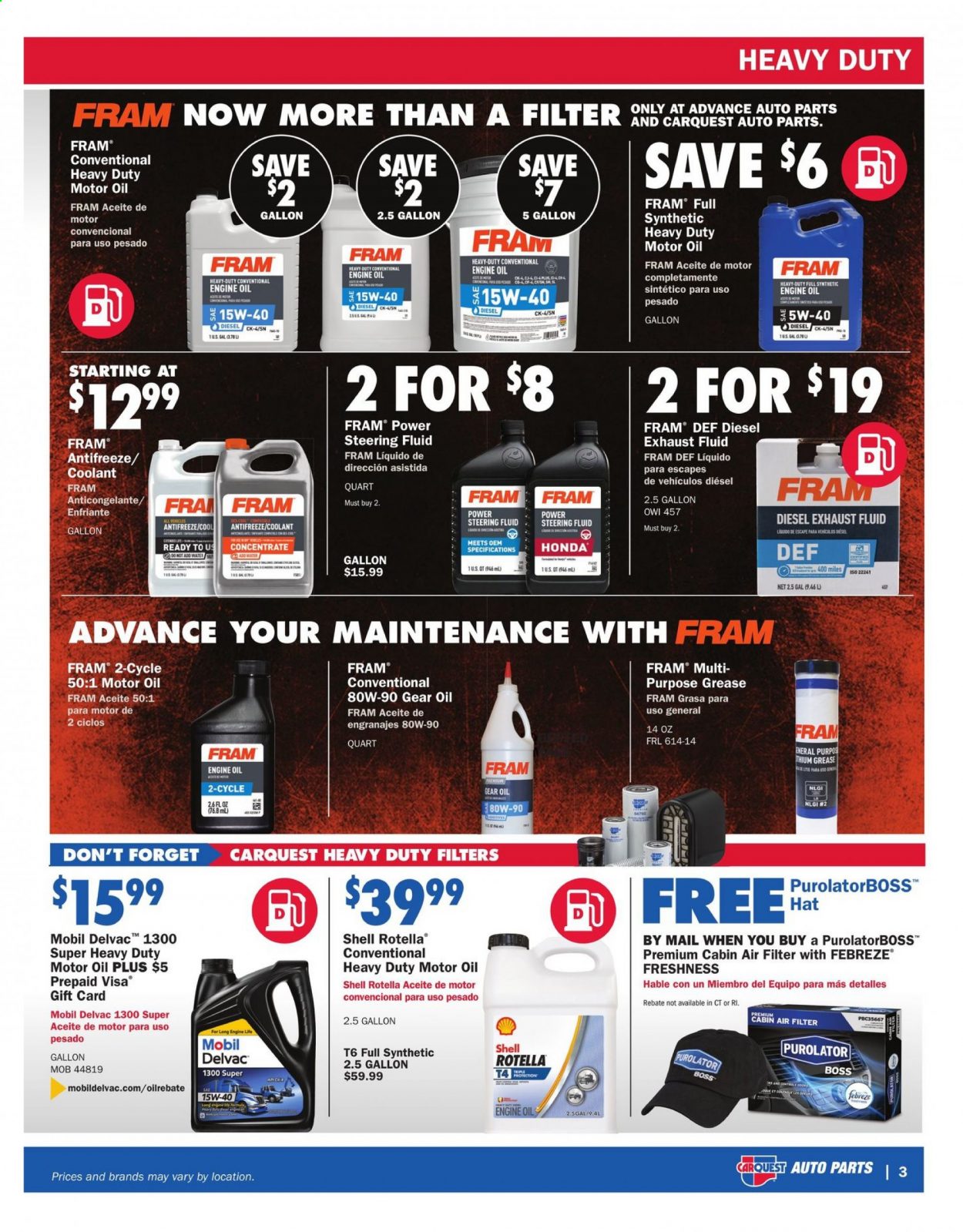 thumbnail - Carquest Flyer - 05/27/2021 - 06/30/2021 - Sales products - air filter, antifreeze, Mobil, motor oil, Rotella, Shell, exhaust fluid, steering fluid. Page 3.