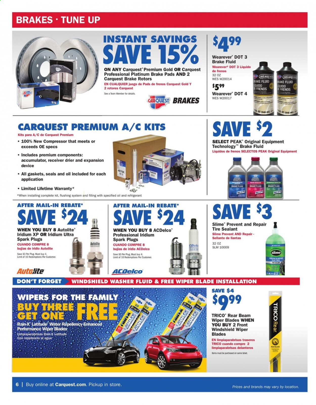 thumbnail - Carquest Flyer - 05/27/2021 - 06/30/2021 - Sales products - air compressor, spark plugs, wiper blades, brake pad, brake rotors, Slime, washer fluid, Rain-X, brake fluid, tires. Page 6.