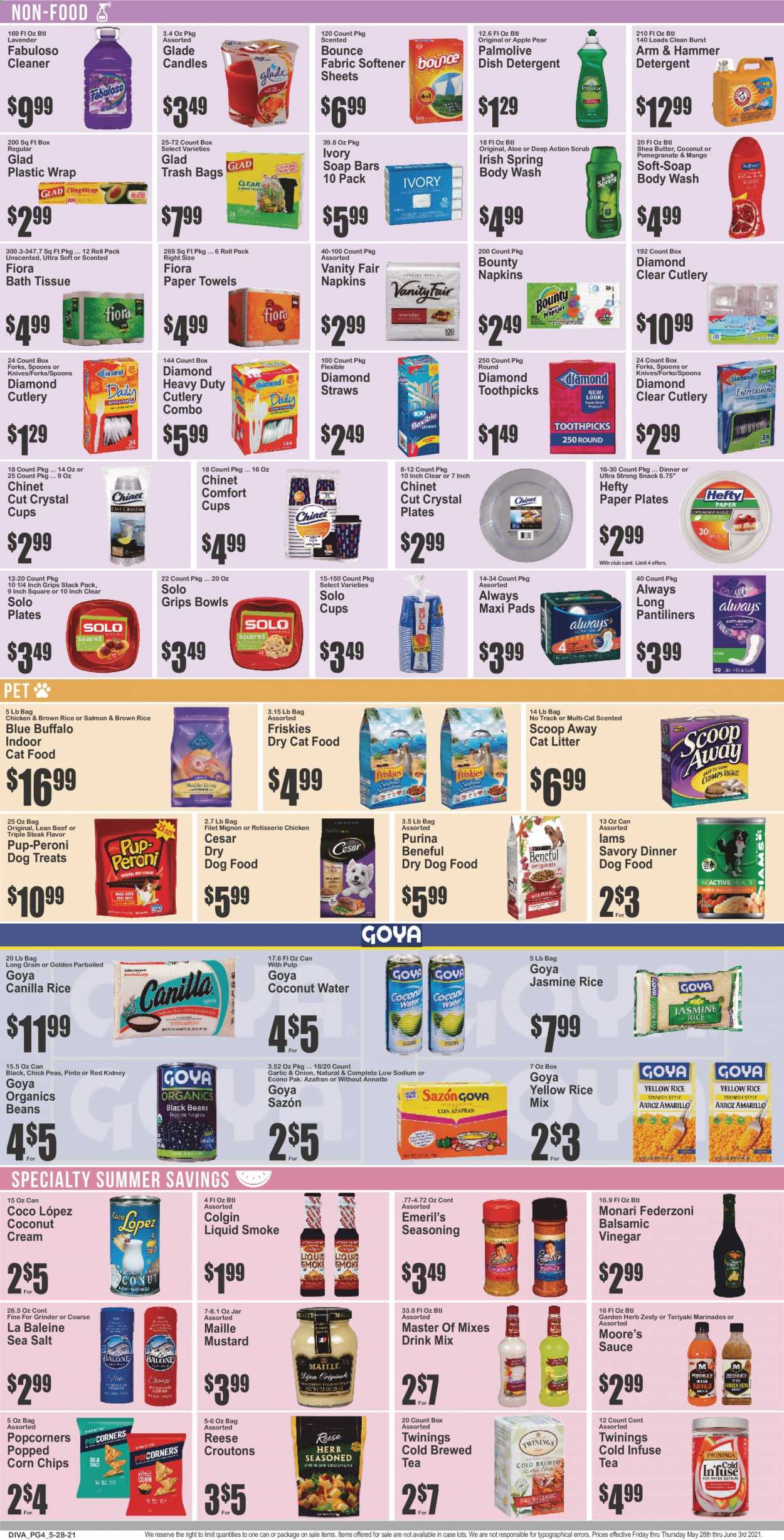 thumbnail - Key Food Flyer - 05/28/2021 - 06/03/2021 - Sales products - beans, pears, chicken roast, sauce, snack, Bounty, chips, corn chips, popcorn, ARM & HAMMER, croutons, Goya, brown rice, jasmine rice, spice, herbs, liquid smoke, mustard, balsamic vinegar, coconut water, tea, Twinings, beef meat, steak, beef tenderloin, napkins, bath tissue, kitchen towels, paper towels, detergent, cleaner, Fabuloso, fabric softener, Bounce, body wash, Palmolive, soap, pantiliners, sanitary pads, shea butter, Hefty, trash bags, knife, spoon, plate, cup, straw, candle, Glade, paper plate, cat litter, animal food, Blue Buffalo, cat food, dog food, Purina, dry dog food, dry cat food, Pup-Peroni, Friskies, Iams. Page 4.