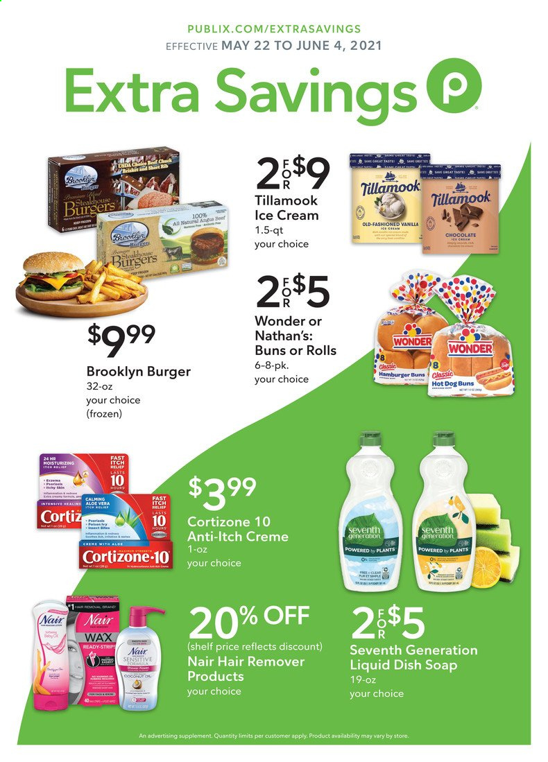 thumbnail - Publix Flyer - 05/22/2021 - 06/07/2021 - Sales products - buns, burger buns, ice cream, strips, beer, soap. Page 1.