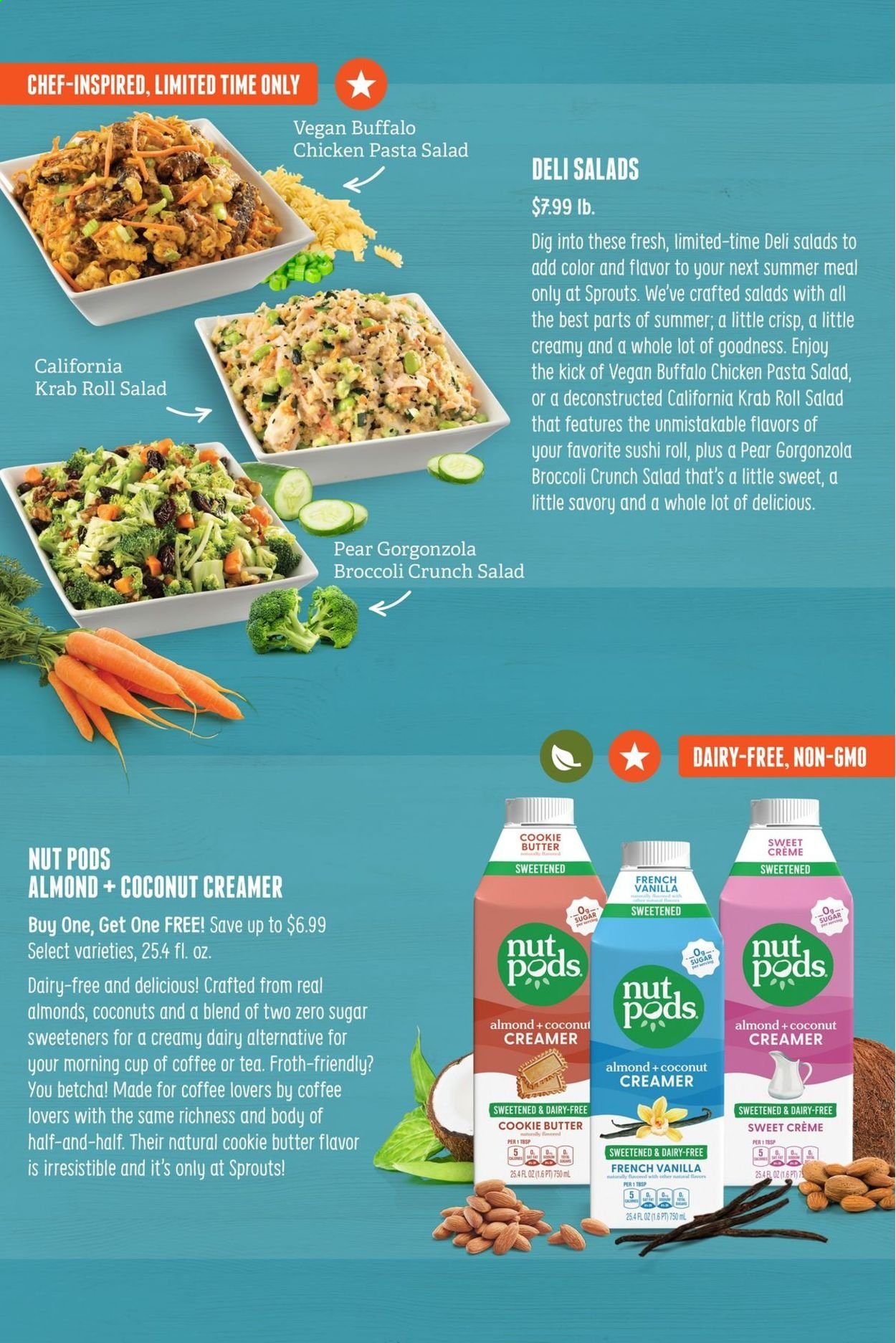 thumbnail - Sprouts Flyer - 05/26/2021 - 06/22/2021 - Sales products - broccoli, pears, pasta, pasta salad, gorgonzola, butter, creamer, almonds, tea, Half and half. Page 3.