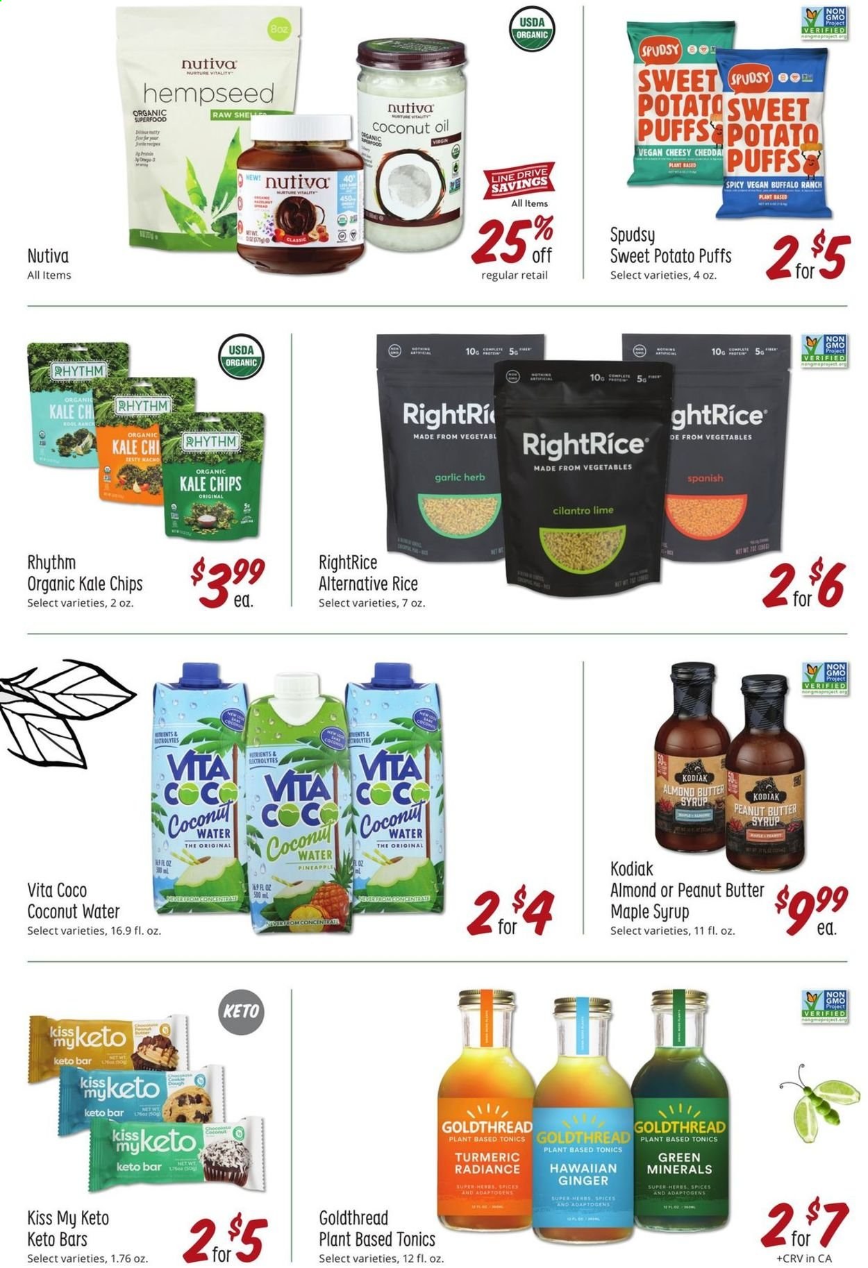 thumbnail - Sprouts Flyer - 05/26/2021 - 06/22/2021 - Sales products - puffs, garlic, ginger, sweet potato, kale, pineapple, almond butter, chips, rice, cilantro, turmeric, herbs, coconut oil, oil, maple syrup, peanut butter, syrup, coconut water. Page 12.