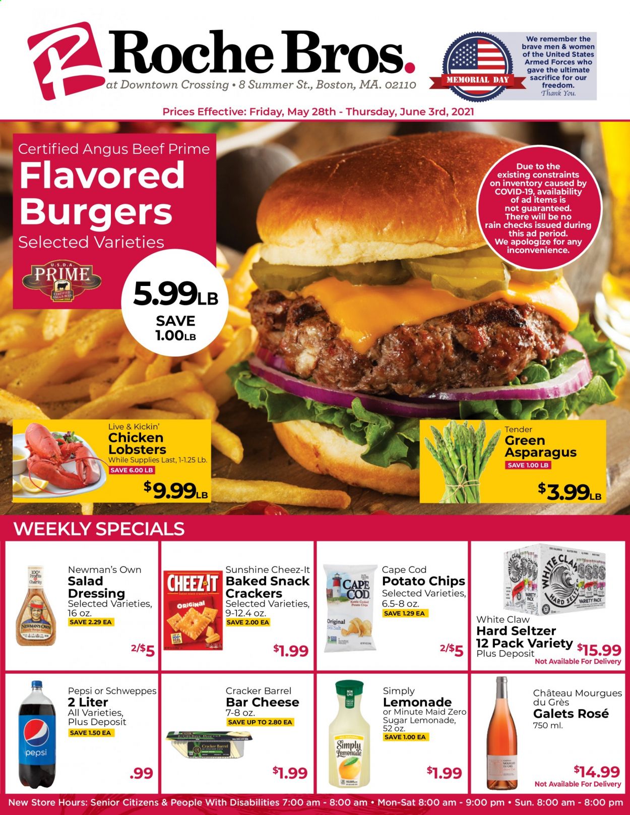 thumbnail - Roche Bros. Flyer - 05/28/2021 - 06/03/2021 - Sales products - cake, cupcake, asparagus, carrots, onion, blueberries, cherries, cod, lobster, swordfish, seafood, nuggets, hamburger, chicken nuggets, pulled pork, bacon, ham, guacamole, potato salad, mozzarella, swiss cheese, Galbani, Sunshine, dip, chocolate, snack, crackers, biscuit, potato chips, cheddar biscuits, Cheez-It, rice, salad dressing, dressing, Schweppes, Pepsi, fruit punch, wine, rosé wine, bourbon, White Claw, Hard Seltzer, ground turkey, chicken thighs, beef meat, steak, pork meat, bouquet, rose. Page 1.