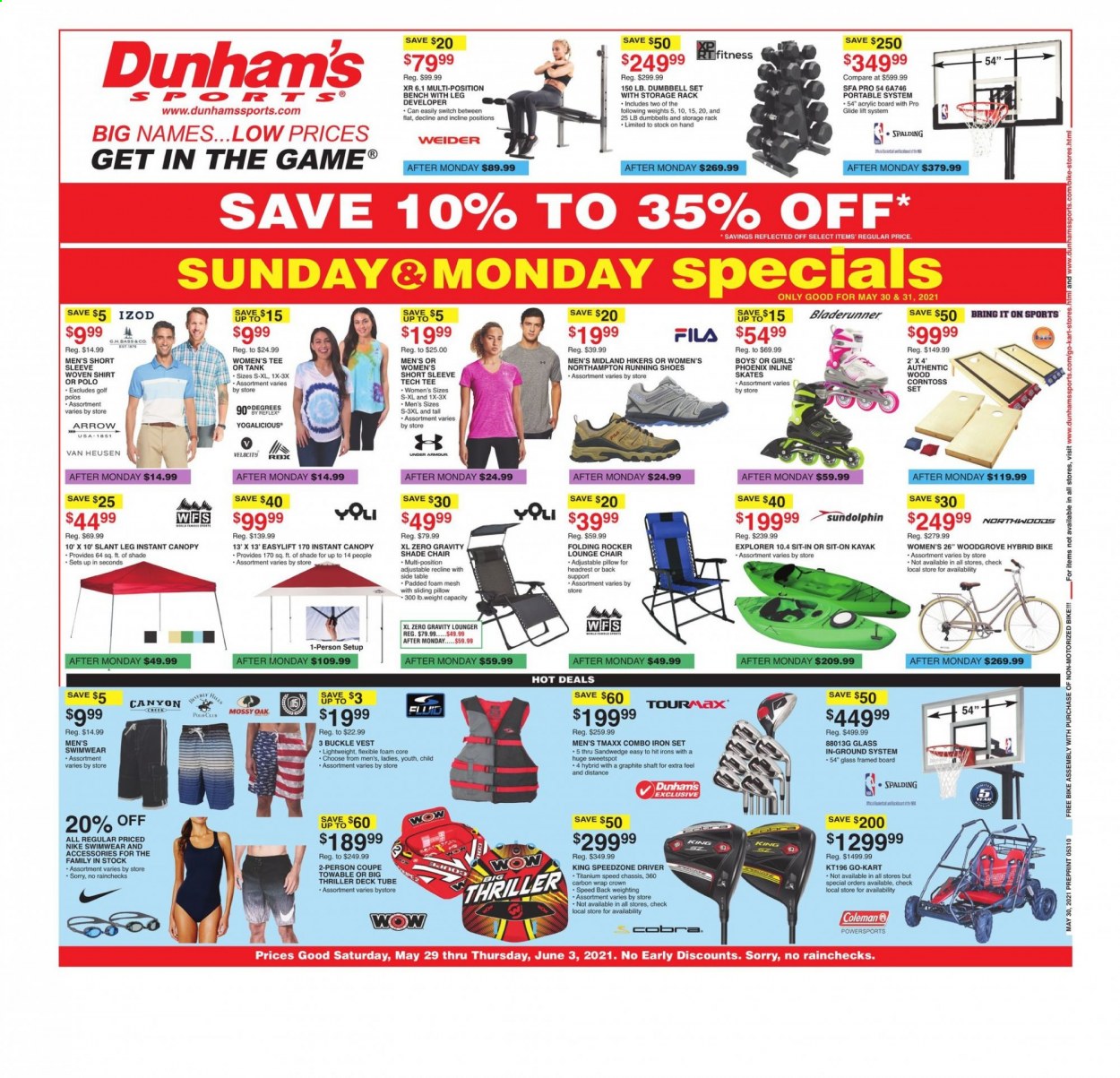 thumbnail - Dunham's Sports Flyer - 05/29/2021 - 06/03/2021 - Sales products - Fila, shoes, Nike, Spalding, shirt, woven shirt, vest, swimming suit, running shoes, inline skates, skates, kayak, golf iron set, instant canopy. Page 1.