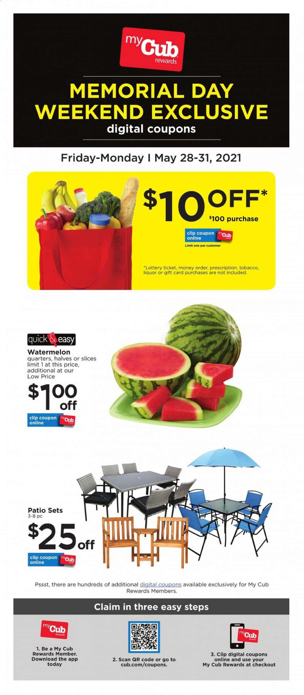 thumbnail - Cub Foods Flyer - 05/28/2021 - 05/31/2021 - Sales products - watermelon, liquor. Page 1.