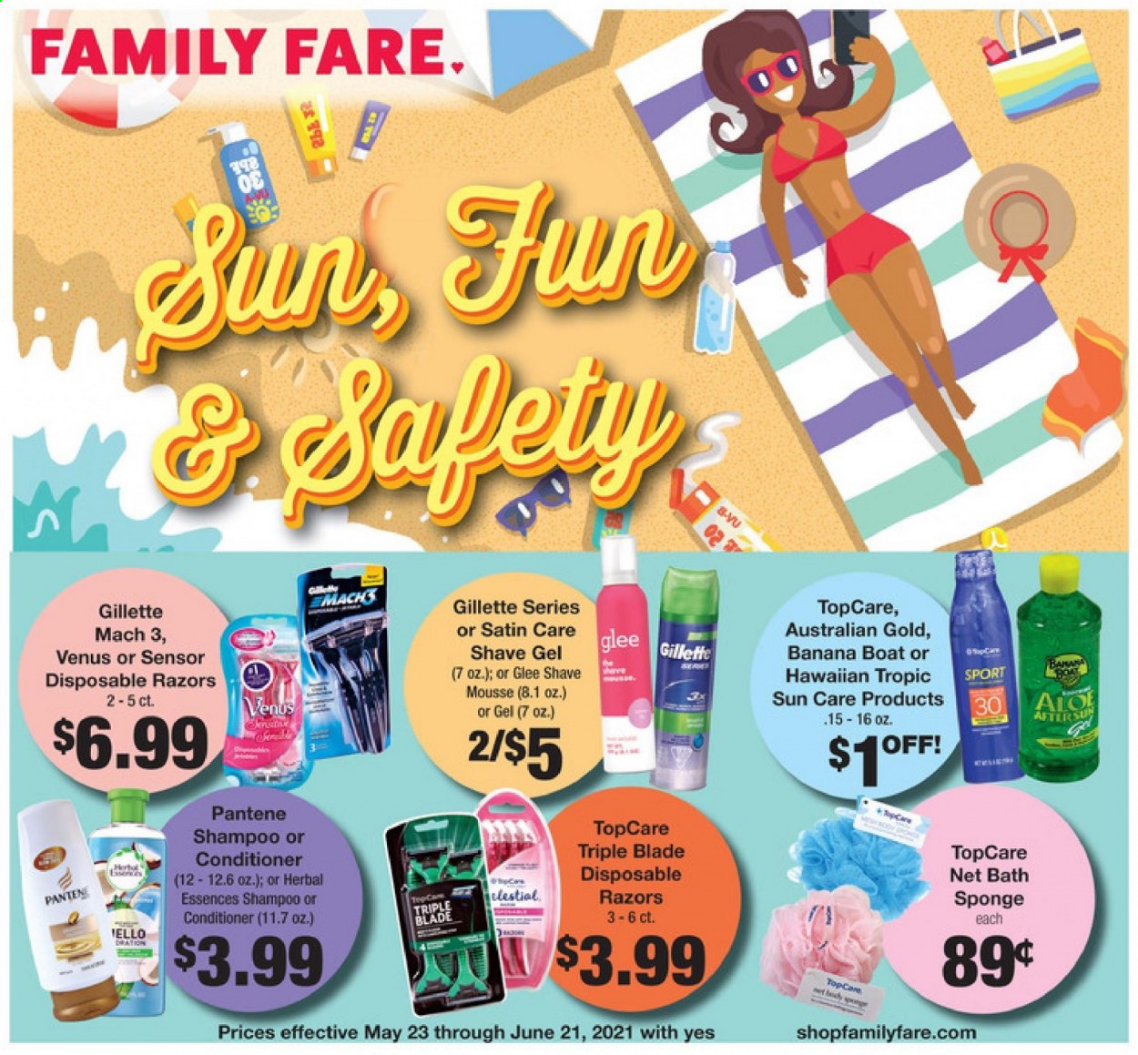thumbnail - Family Fare Flyer - 05/23/2021 - 06/21/2021 - Sales products - Australian Gold, shampoo, conditioner, Pantene, Herbal Essences, Gillette, shave gel, Venus, disposable razor, sponge. Page 1.