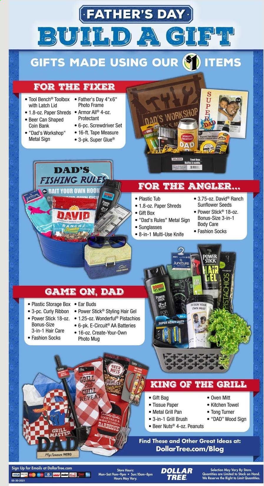 thumbnail - Dollar Tree Flyer - 05/30/2021 - 06/12/2021 - Sales products - fish, peanuts, pistachios, sunflower seeds, beer, toilet paper, tissues, kitchen towels, hook, brush, knife, lid, mug, pan, oven mitt, grill pan, storage box, plastic tub, gift bag, gift box, glue, paper, aa batteries, ribbon, socks. Page 13.