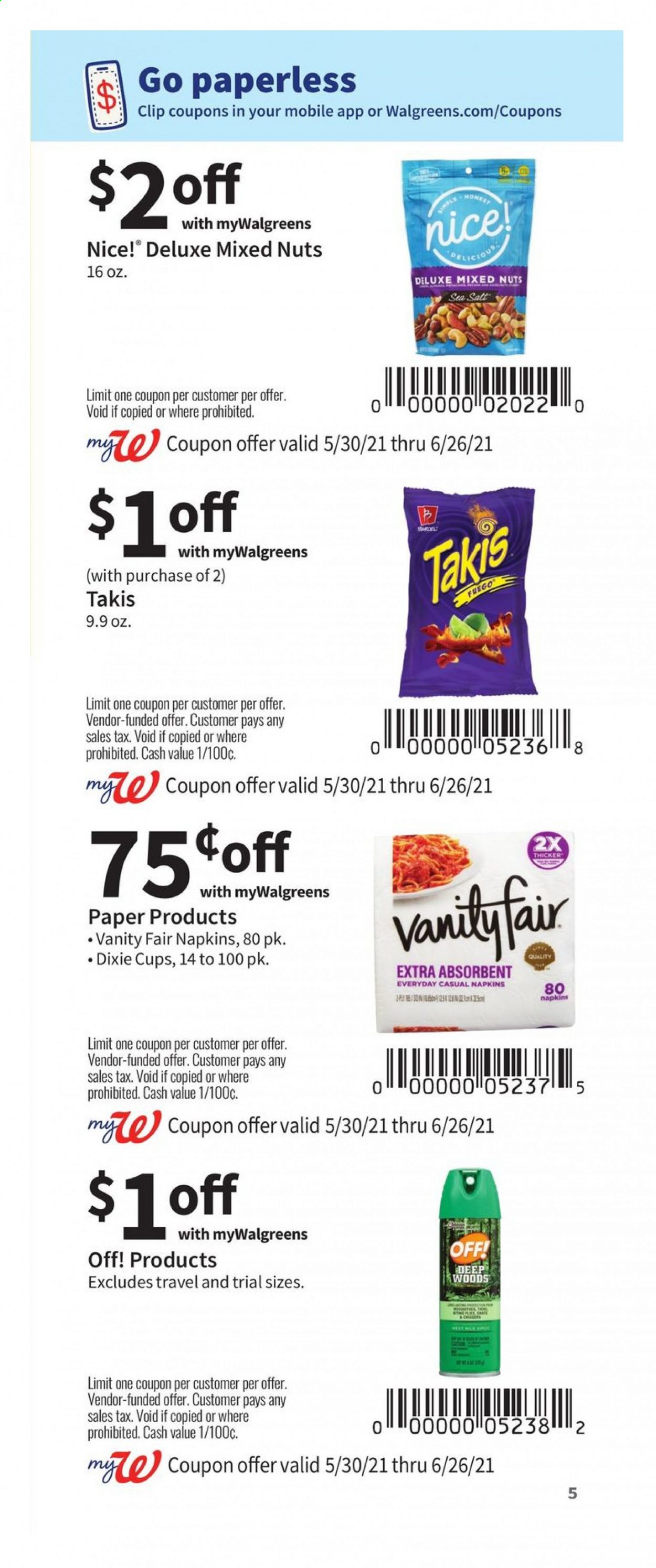 thumbnail - Walgreens Flyer - 05/30/2021 - 06/26/2021 - Sales products - Nice!, mixed nuts, napkins, paper, Dixie. Page 5.