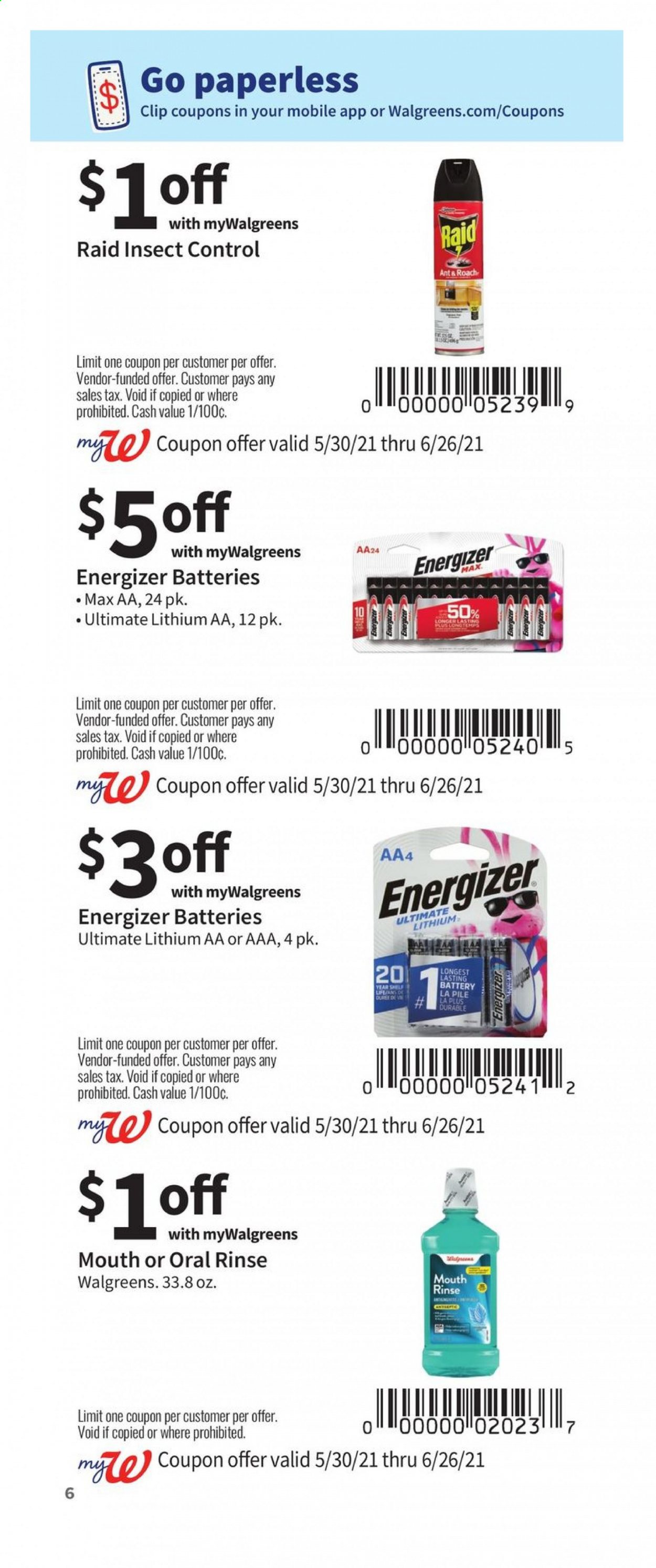 thumbnail - Walgreens Flyer - 05/30/2021 - 06/26/2021 - Sales products - battery, Energizer. Page 6.
