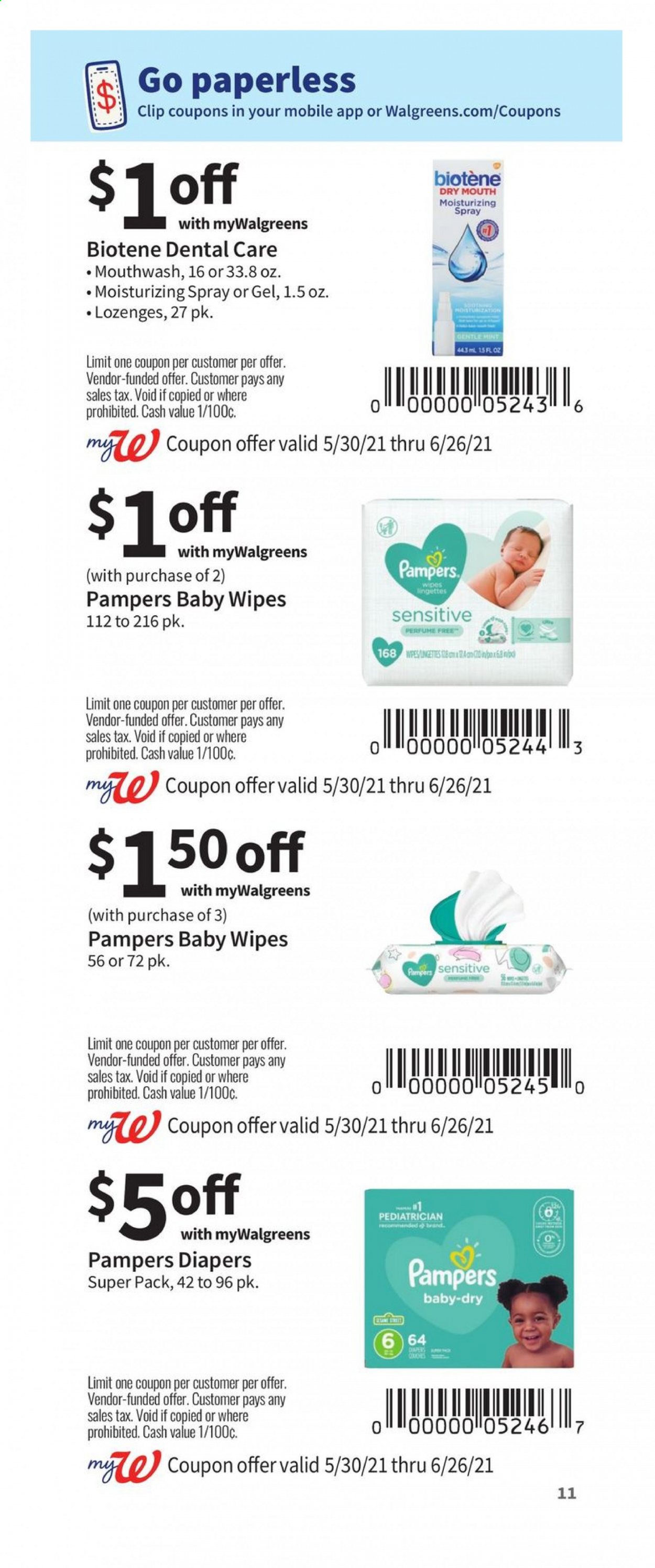 thumbnail - Walgreens Flyer - 05/30/2021 - 06/26/2021 - Sales products - wipes, Pampers, baby wipes, nappies, Biotene, mouthwash, eau de parfum. Page 11.