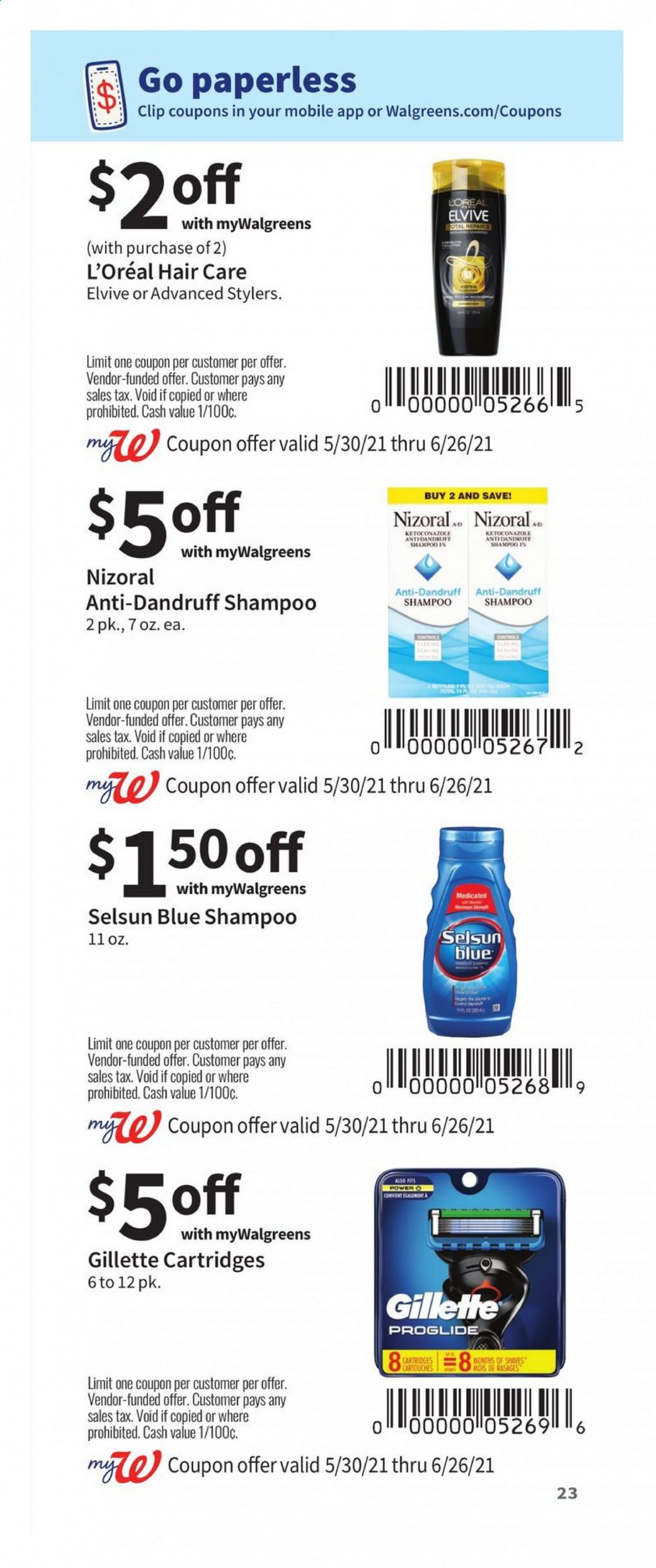 thumbnail - Walgreens Flyer - 05/30/2021 - 06/26/2021 - Sales products - shampoo, L’Oréal, Gillette. Page 23.