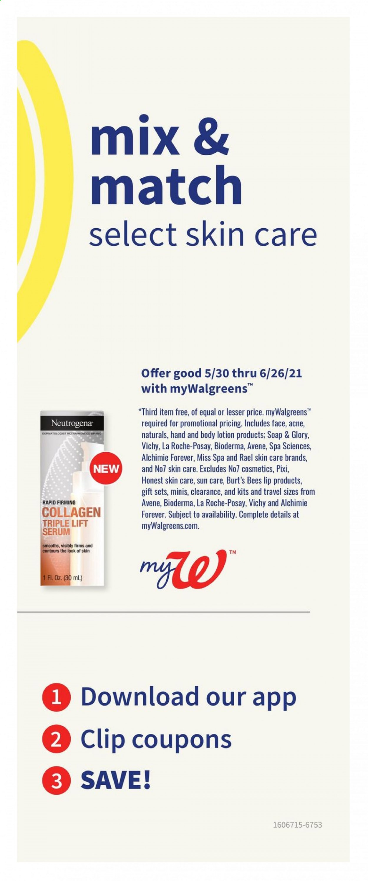 thumbnail - Walgreens Flyer - 05/30/2021 - 06/26/2021 - Sales products - Vichy, soap, La Roche-Posay, Neutrogena, serum, body lotion. Page 25.