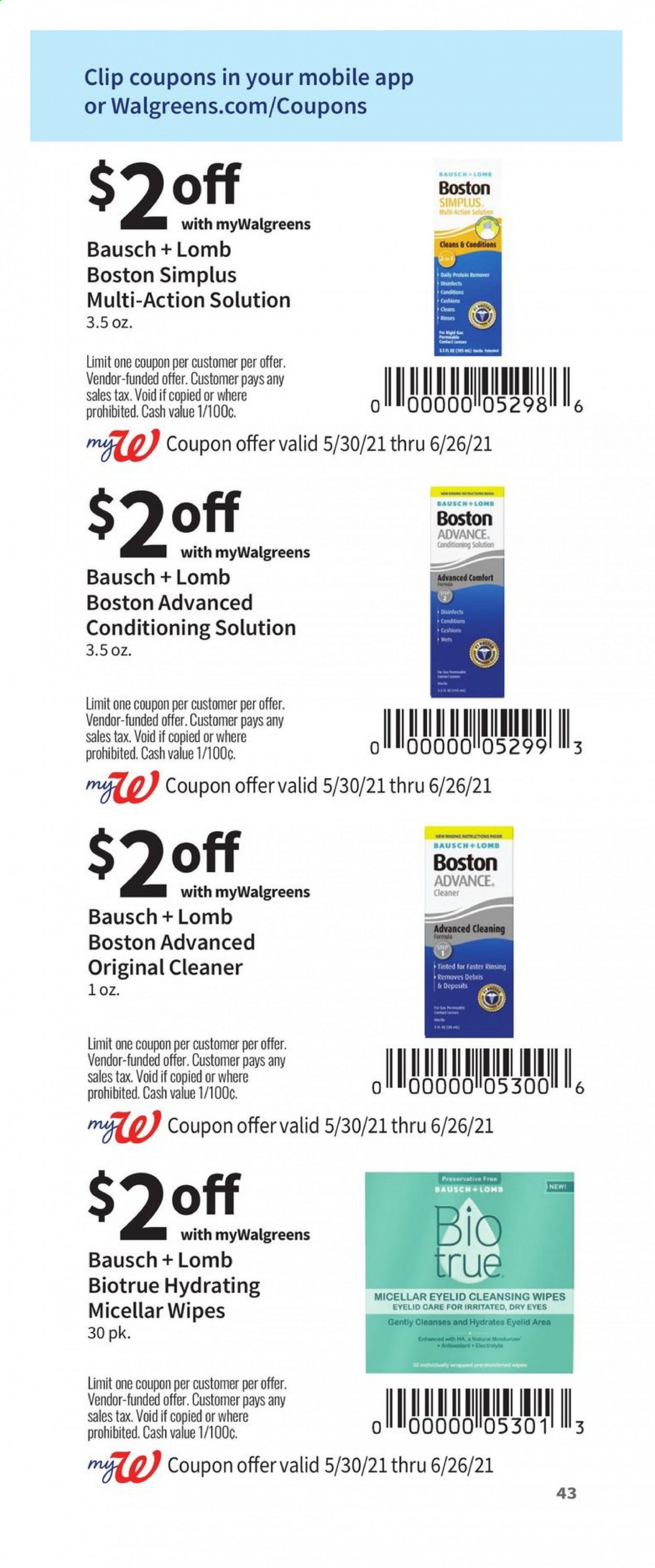thumbnail - Walgreens Flyer - 05/30/2021 - 06/26/2021 - Sales products - cleansing wipes, wipes, cleaner, Biotrue. Page 43.