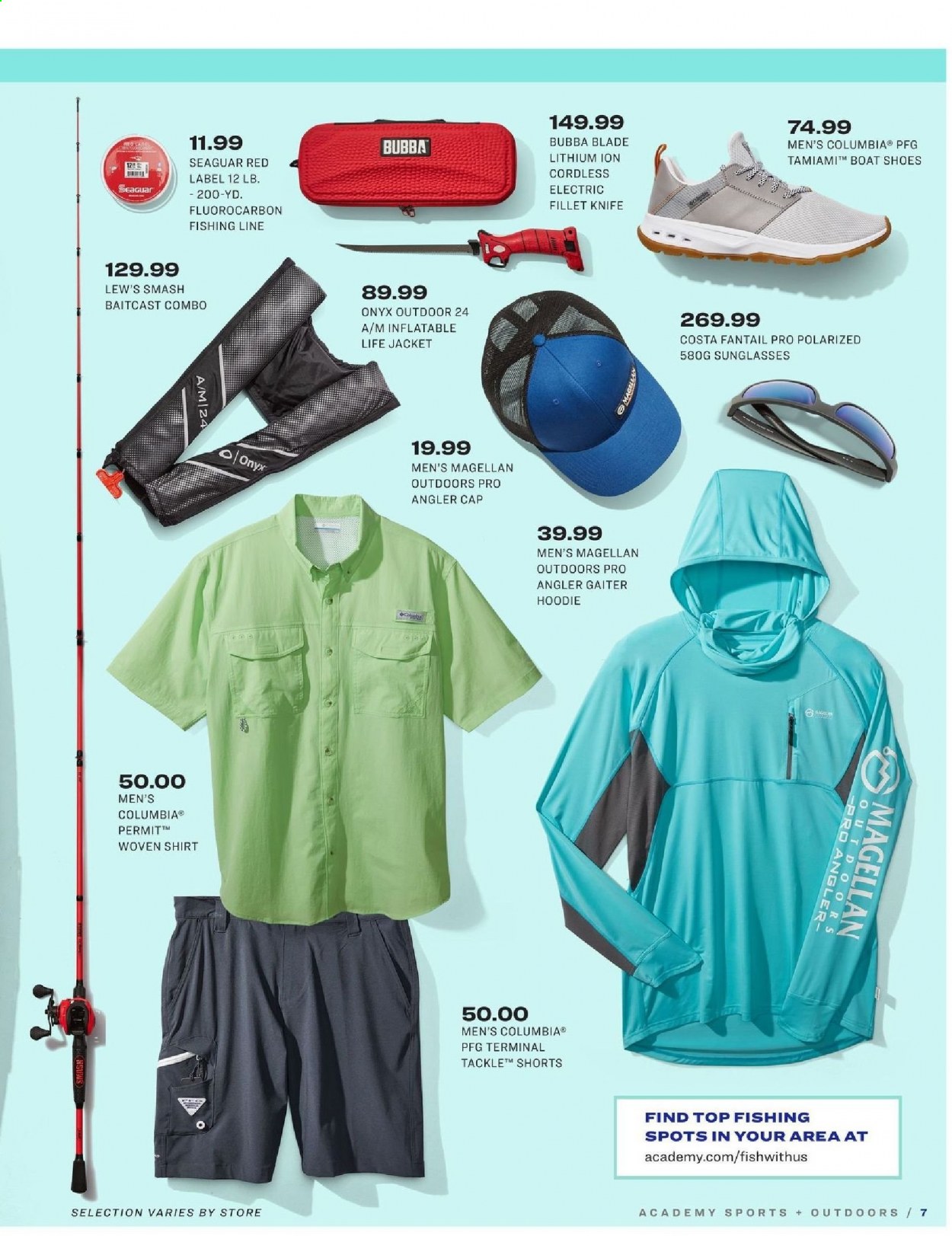 thumbnail - Academy Sports + Outdoors Flyer - 05/31/2021 - 06/20/2021 - Sales products - Columbia, shoes, shorts, shirt, woven shirt, hoodie, sunglasses, baitcast combo, Magellan. Page 7.