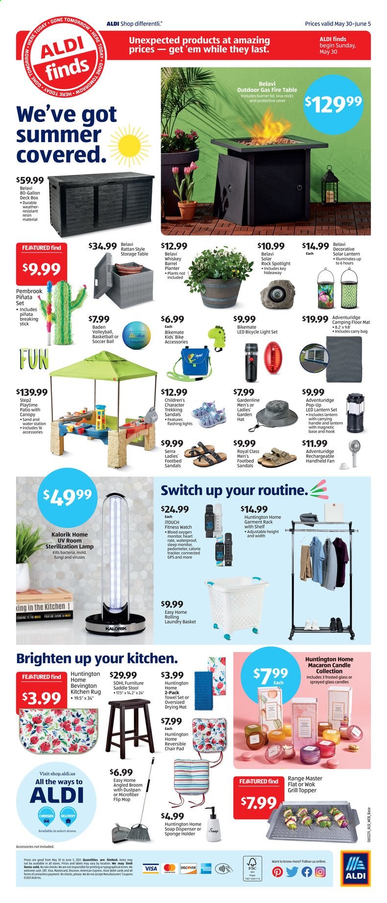thumbnail - ALDI Flyer - 05/30/2021 - 06/05/2021 - Sales products - sandals, macaroons, basket, hook, gallon, mop, broom, angle broom, soap dispenser, dispenser, lid, wok, candle, spotlight, chair pad, towel, fitness smart watch, pedometer, monitor, hat, bag, carry bag, basketball, lamp, light set, lantern, switch, kitchen mat, rug, holder, grill, grill topper. Page 2.