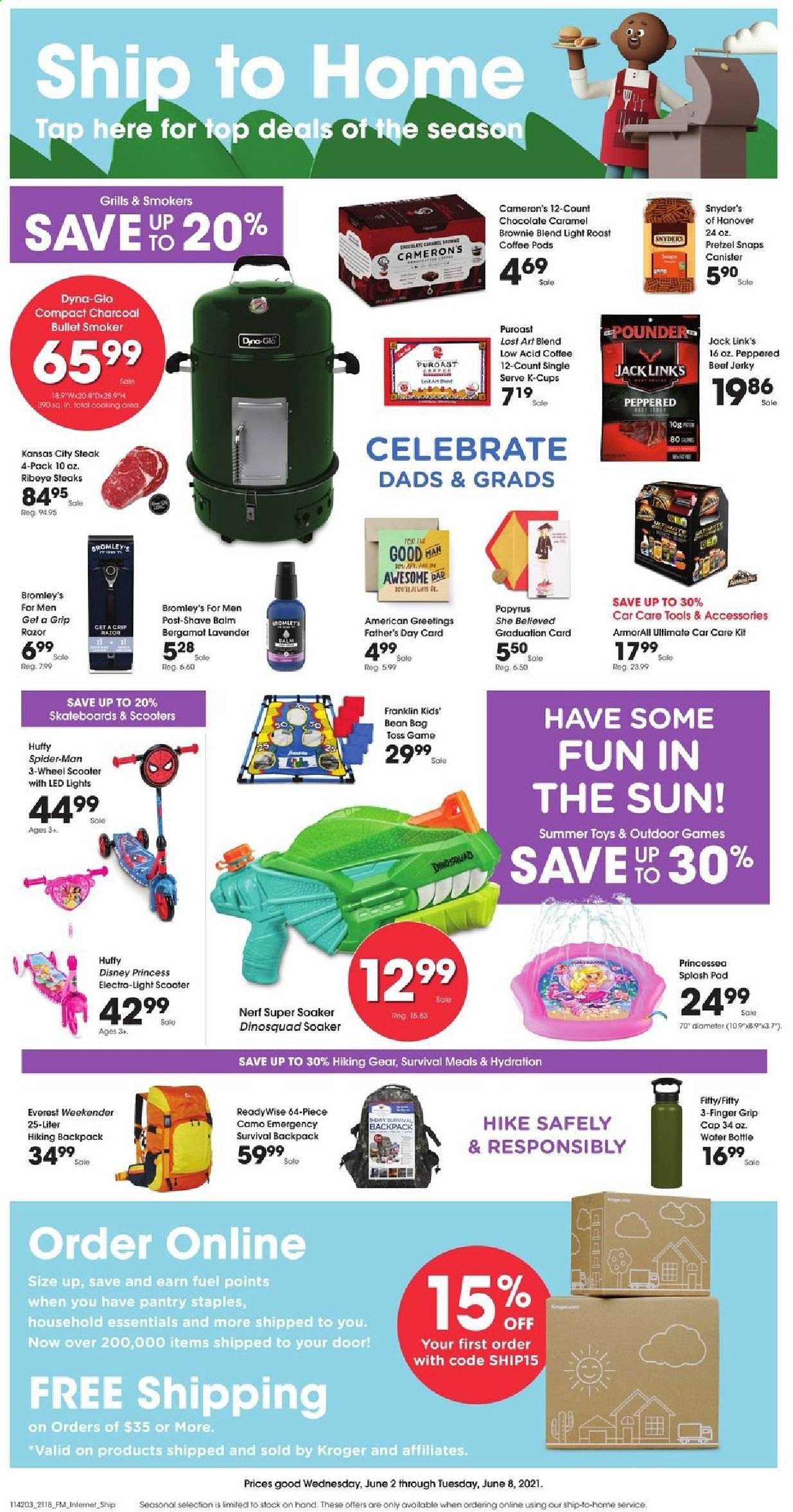 thumbnail - Kroger Flyer - 06/02/2021 - 06/08/2021 - Sales products - bean bag, pretzels, brownies, beef jerky, jerky, chocolate, Jack Link's, caramel, coffee pods, coffee capsules, K-Cups, beef meat, steak, ribeye steak, Disney, razor, canister, drink bottle, Nerf, cap, backpack, Toss game, soaker, princess, LED light, tools & accessories, charcoal. Page 10.
