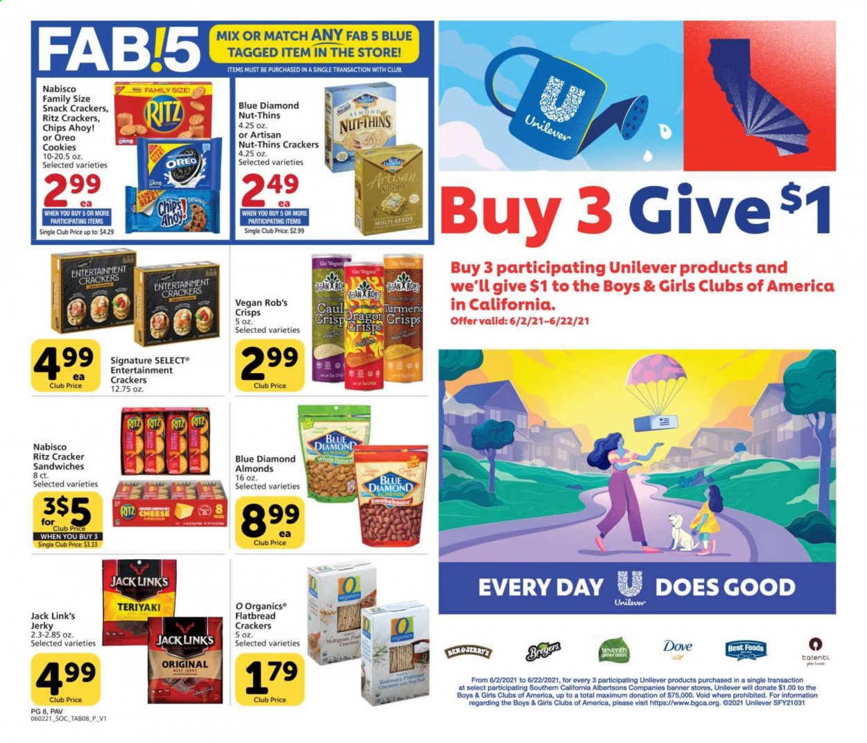 thumbnail - Pavilions Flyer - 06/02/2021 - 06/22/2021 - Sales products - flatbread, jerky, cheese, Oreo, Talenti Gelato, cookies, snack, crackers, Chips Ahoy!, RITZ, chips, Thins, Jack Link's, turmeric, almonds, Blue Diamond, Fab, Dove. Page 8.