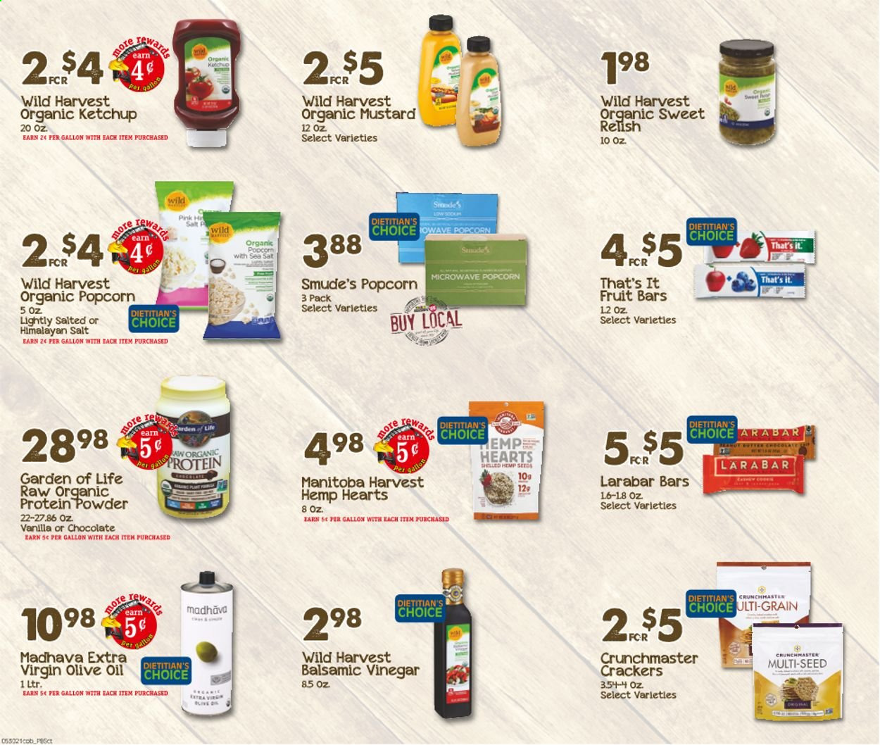 thumbnail - Coborn's Flyer - 05/30/2021 - 06/29/2021 - Sales products - Wild Harvest, chocolate, crackers, popcorn, mustard, ketchup, balsamic vinegar, extra virgin olive oil, vinegar, olive oil, oil, gallon, plant seeds, whey protein. Page 3.