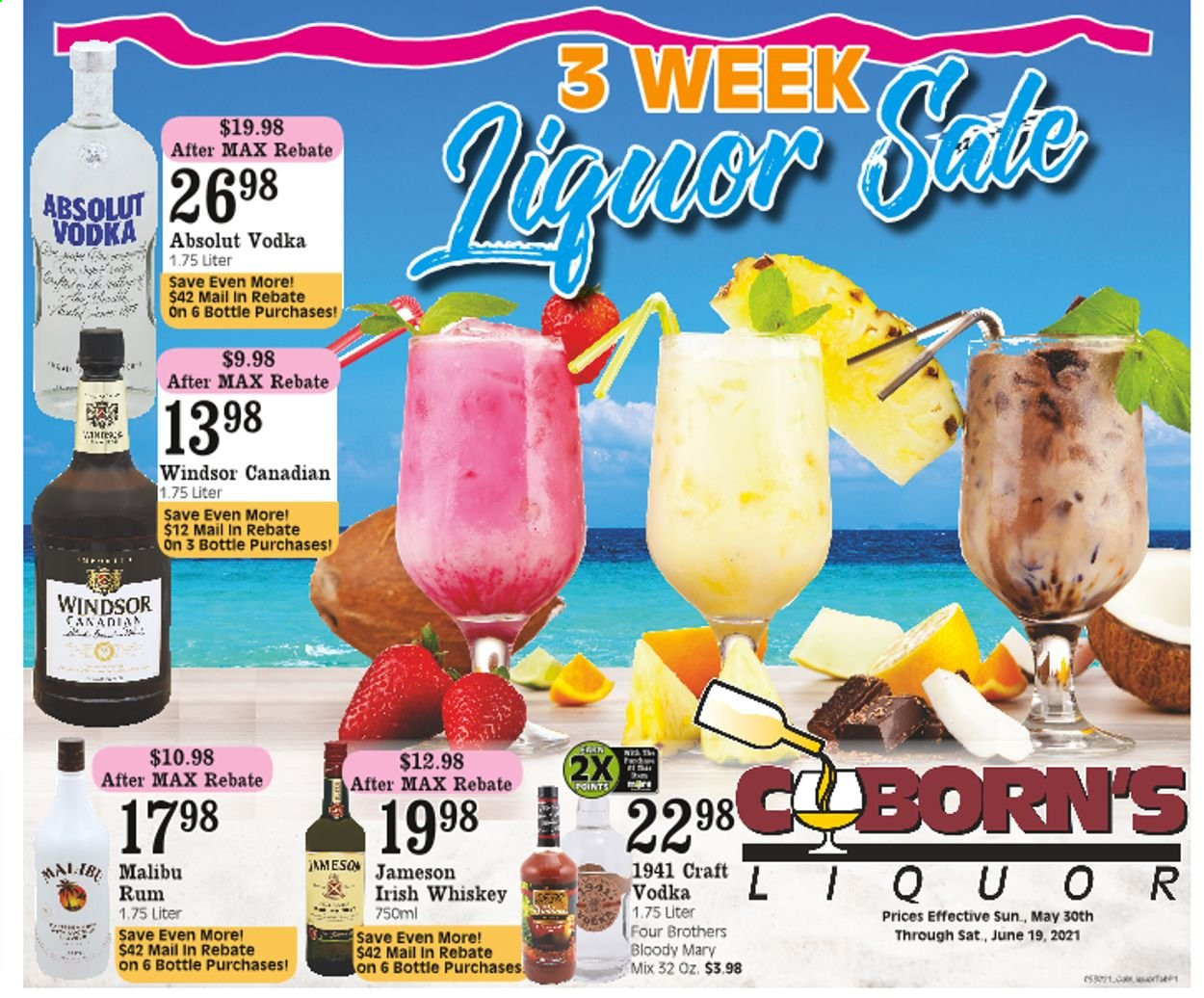 thumbnail - Coborn's Flyer - 05/30/2021 - 06/19/2021 - Sales products - Four Brothers, rum, vodka, whiskey, irish whiskey, Jameson, Absolut, Malibu, whisky. Page 1.