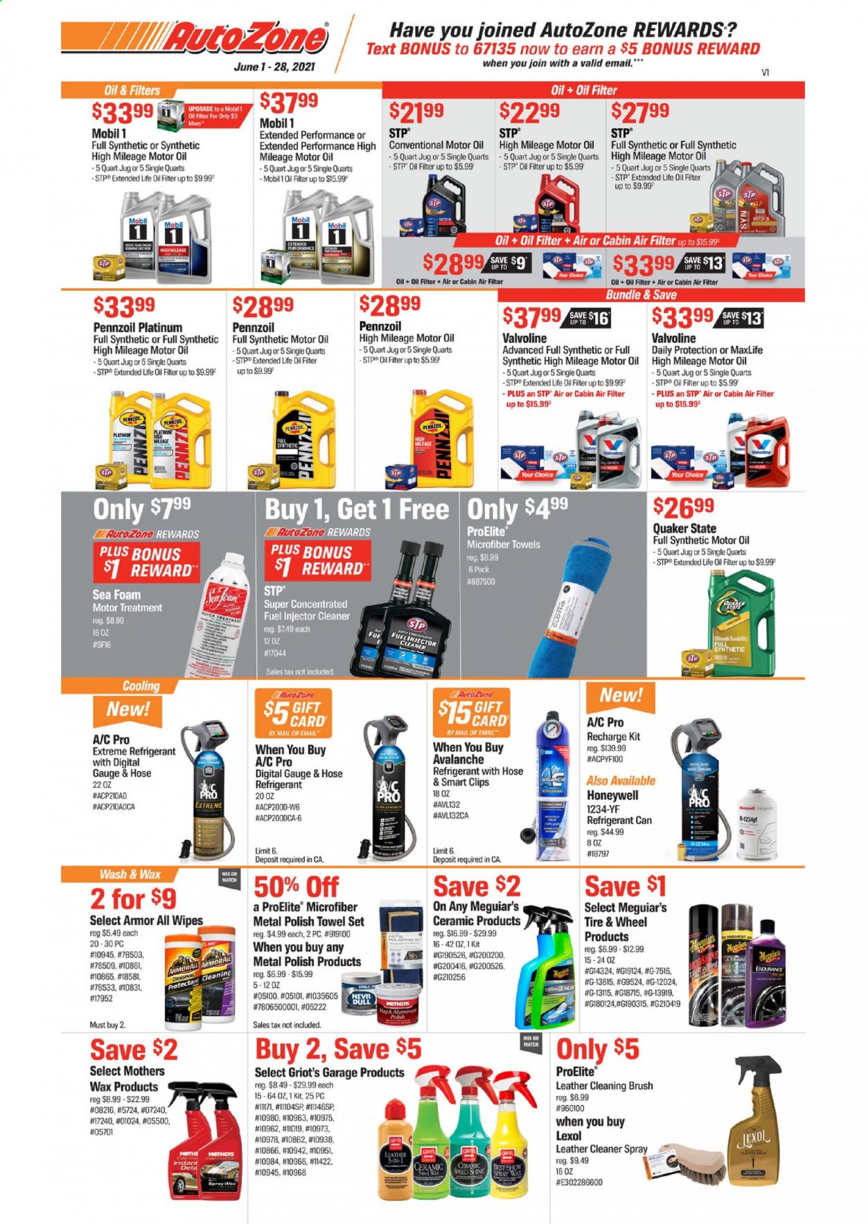 thumbnail - Autozone Flyer - 06/01/2021 - 06/28/2021 - Sales products - wipes, brush, digital gauge, air filter, Armor All, oil filter, microfiber towel, injector cleaner, cleaner, STP, Mobil, motor oil, Valvoline, choice oil, Quaker State, Pennzoil. Page 1.