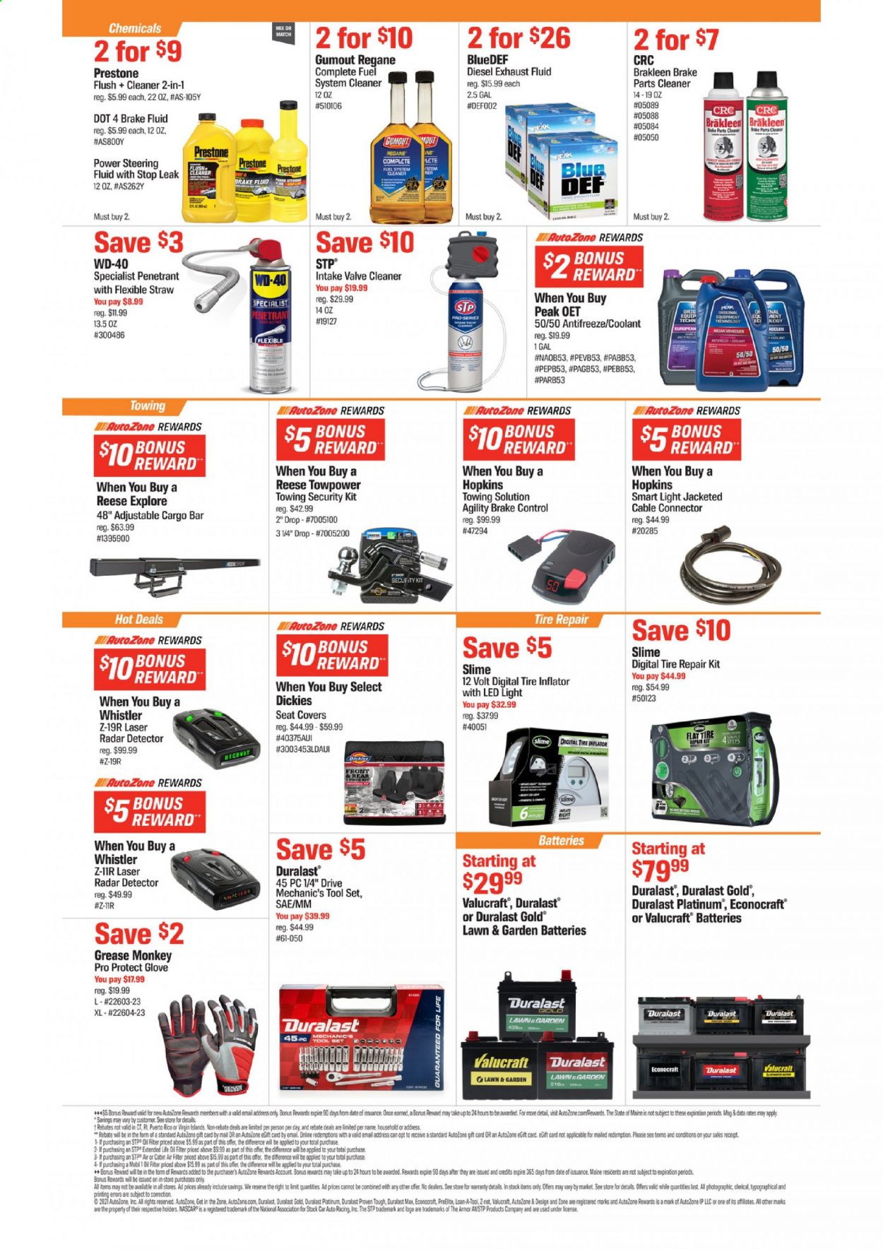 thumbnail - Autozone Flyer - 06/01/2021 - 06/28/2021 - Sales products - battery, monkey, Slime, tool set, Dickies, gloves, mechanic's tools, WD-40, tire inflator, car seat cover, Duralast, Reese Towpower, brake cleaner, fuel system cleaner, cleaner, antifreeze, STP, valve cleaner, Mobil, Prestone, brake fluid, exhaust fluid, steering fluid, Gumout. Page 2.