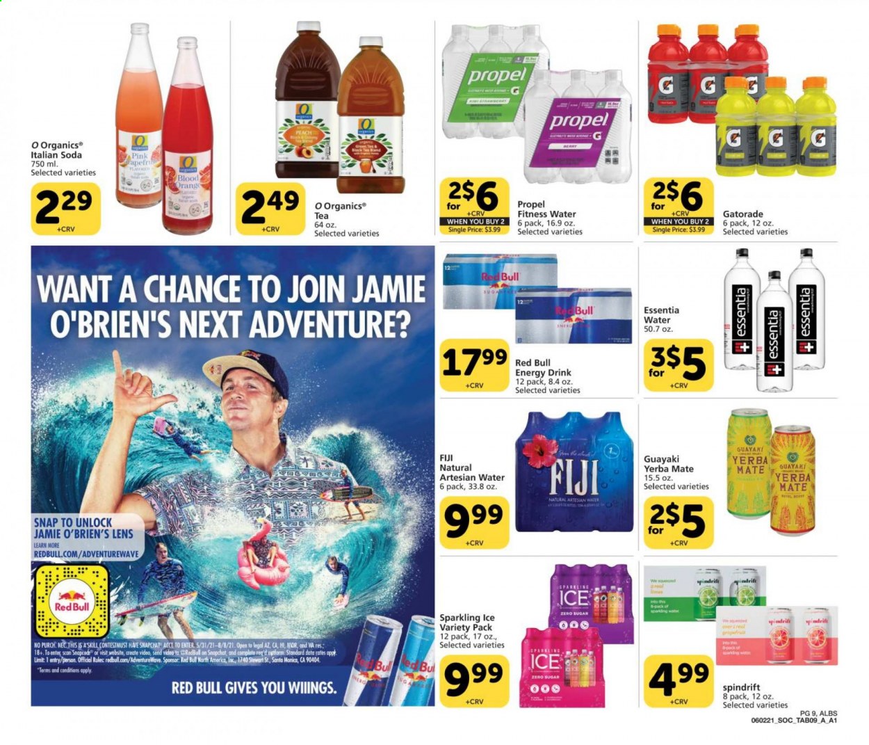 thumbnail - Albertsons Flyer - 06/02/2021 - 06/22/2021 - Sales products - Santa, soda, energy drink, Red Bull, Spindrift, Gatorade, tea. Page 9.