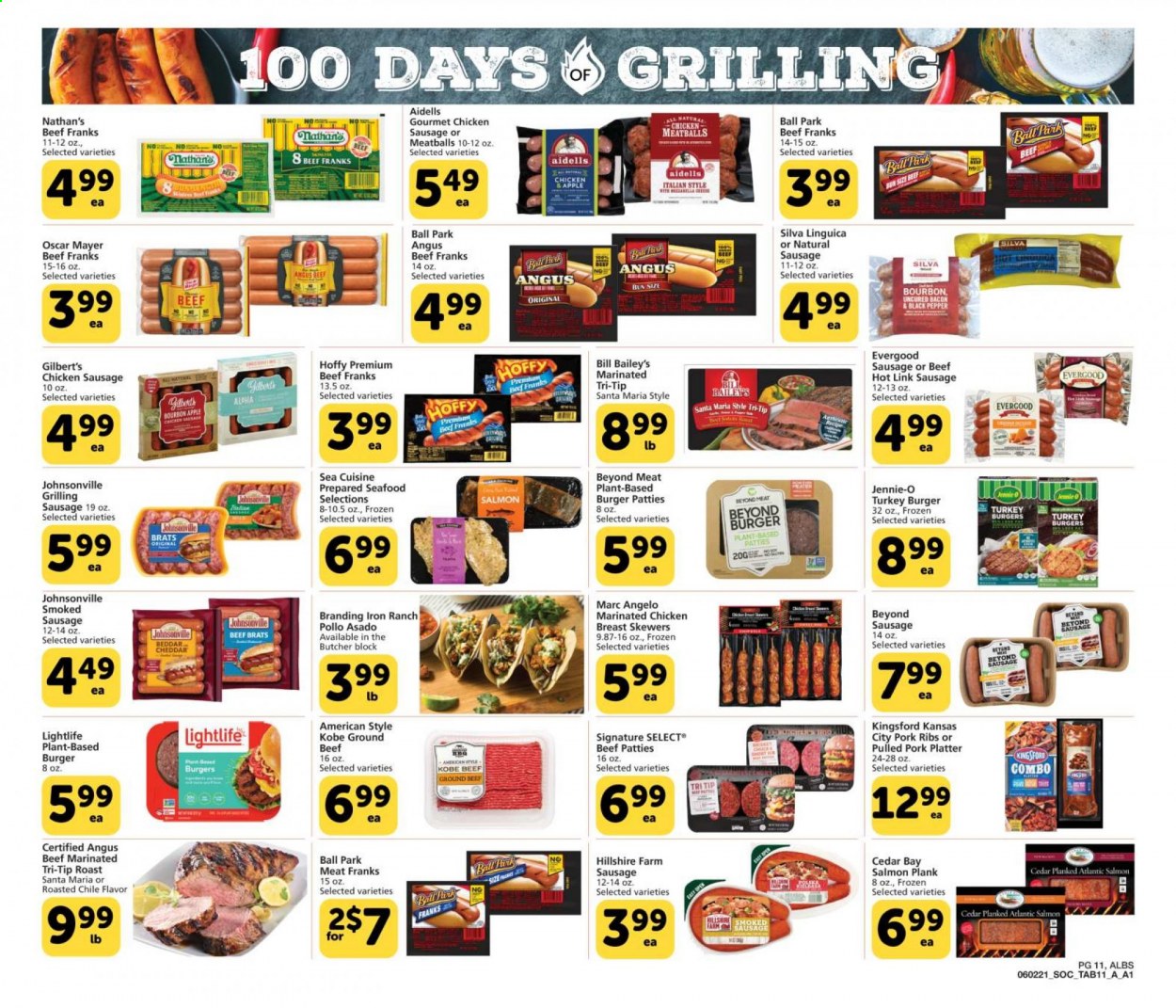 thumbnail - Albertsons Flyer - 06/02/2021 - 06/22/2021 - Sales products - salmon, seafood, meatballs, hamburger, pulled pork, bacon, Hillshire Farm, Johnsonville, Oscar Mayer, sausage, chicken sausage, Gilbert’s, pepper, marinated chicken, beef meat, ground beef, turkey burger, pork meat, pork ribs. Page 11.