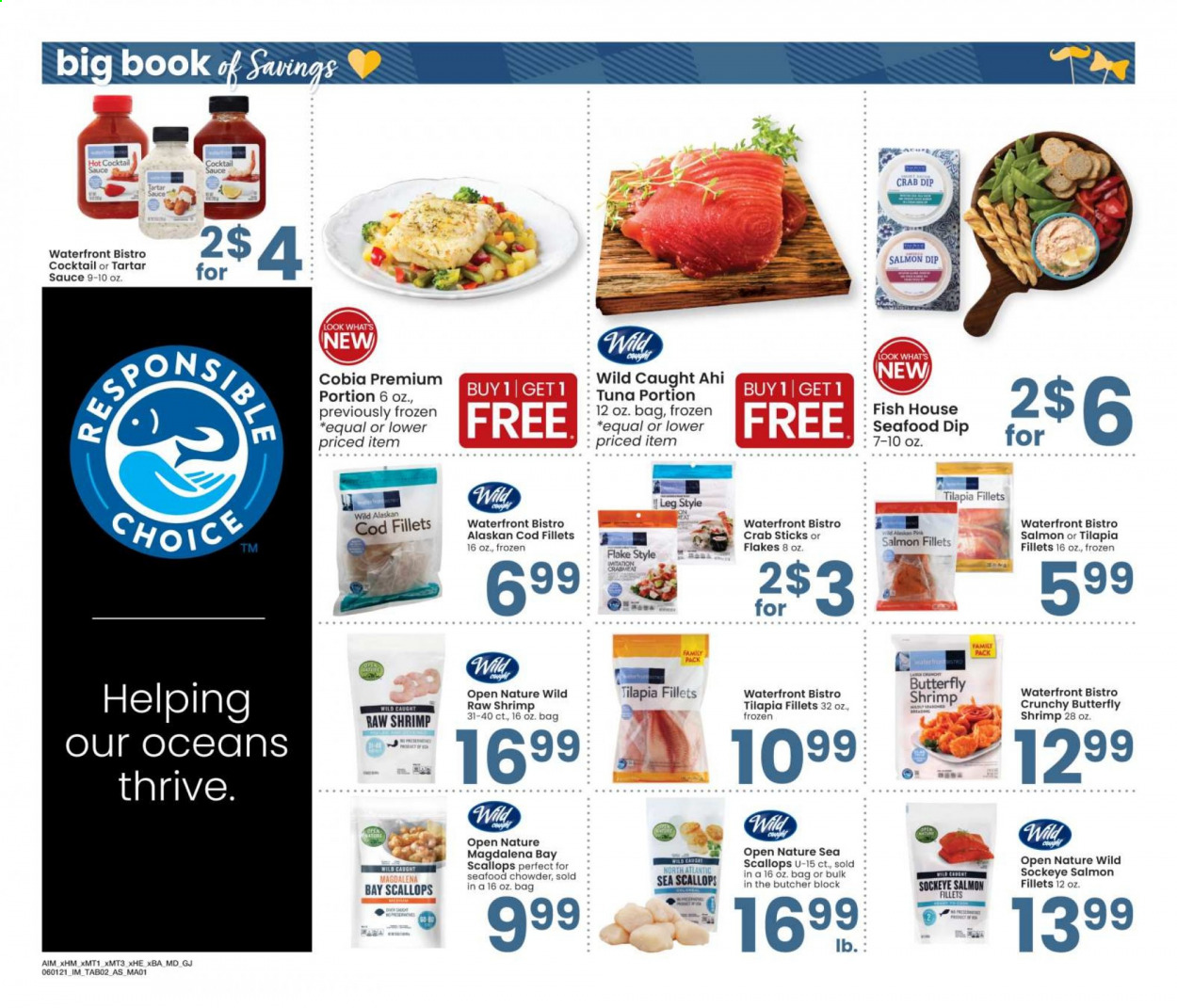 thumbnail - Albertsons Flyer - 06/01/2021 - 06/28/2021 - Sales products - cod, crab meat, salmon, salmon fillet, scallops, tilapia, tuna, seafood, crab, fish, shrimps, tartar sauce, cocktail sauce. Page 2.