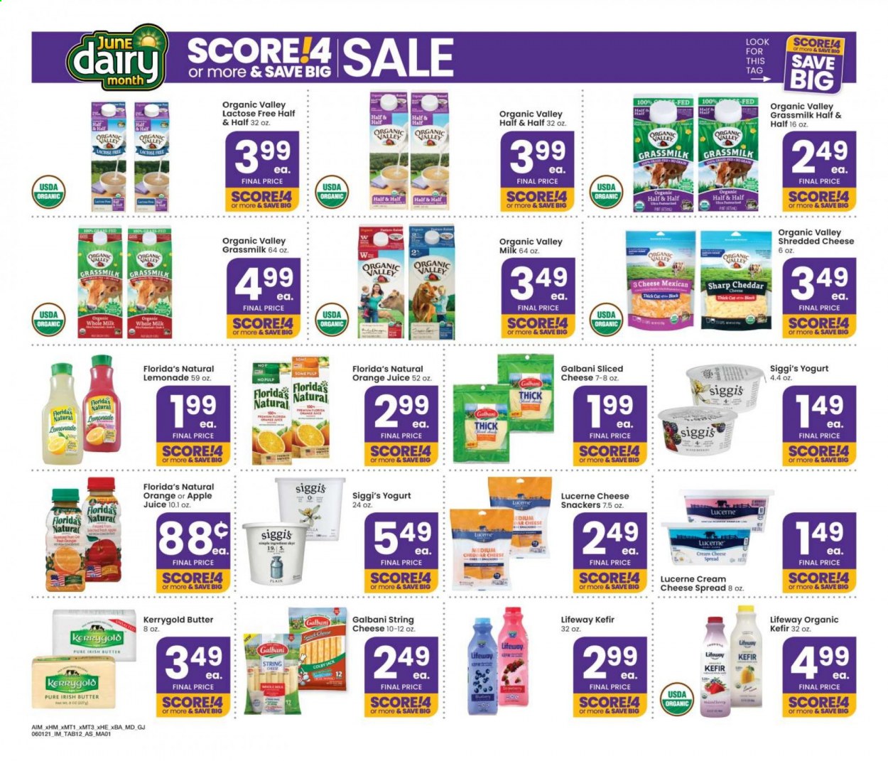 thumbnail - Albertsons Flyer - 06/01/2021 - 06/28/2021 - Sales products - cheese spread, Colby cheese, cream cheese, shredded cheese, sliced cheese, string cheese, cheddar, Galbani, yoghurt, milk, kefir, irish butter, Florida's Natural, apple juice, lemonade, orange juice, juice, Half and half. Page 12.