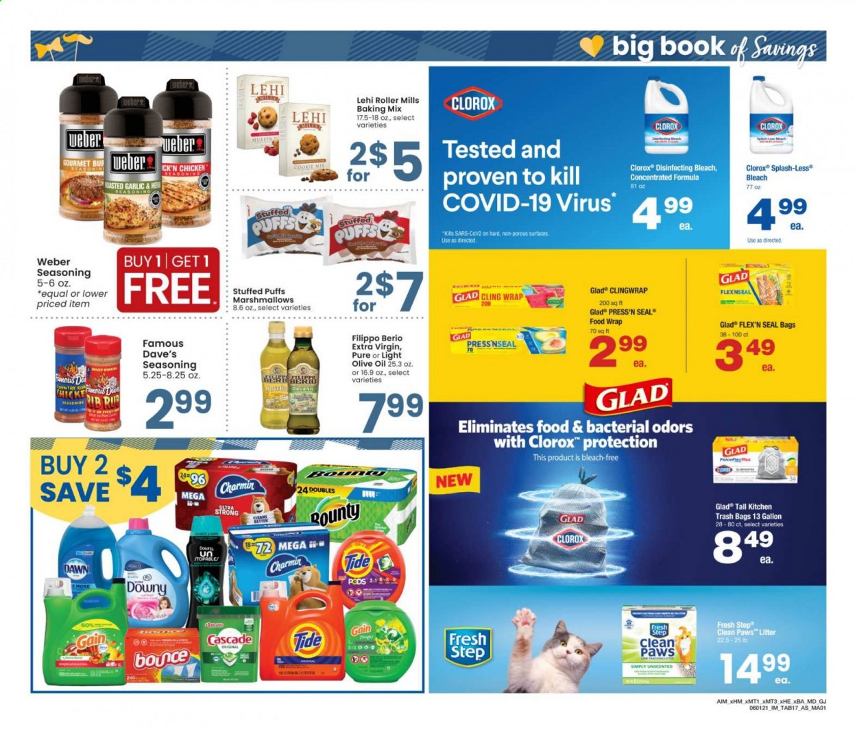 thumbnail - Albertsons Flyer - 06/01/2021 - 06/28/2021 - Sales products - puffs, garlic, marshmallows, Bounty, spice, extra virgin olive oil, olive oil, oil, Charmin, Gain, bleach, Clorox, Cascade, Tide, trash bags, clingwrap, Paws, Fresh Step. Page 17.