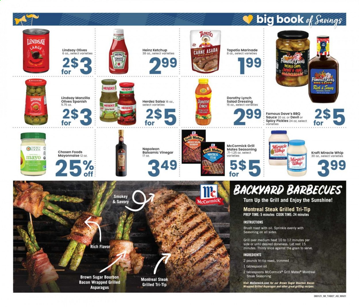 thumbnail - Albertsons Flyer - 06/01/2021 - 06/28/2021 - Sales products - Kraft®, bacon, Sunshine, mayonnaise, Miracle Whip, chips, cane sugar, Heinz, pickles, olives, spice, BBQ sauce, salad dressing, ketchup, dressing, salsa, marinade, balsamic vinegar, steak, brush. Page 27.