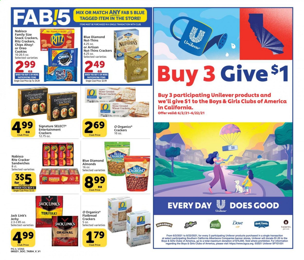 thumbnail - Vons Flyer - 06/02/2021 - 06/22/2021 - Sales products - flatbread, jerky, Oreo, Talenti Gelato, cookies, snack, crackers, Chips Ahoy!, RITZ, chips, Thins, Jack Link's, almonds, Blue Diamond, Dove. Page 4.