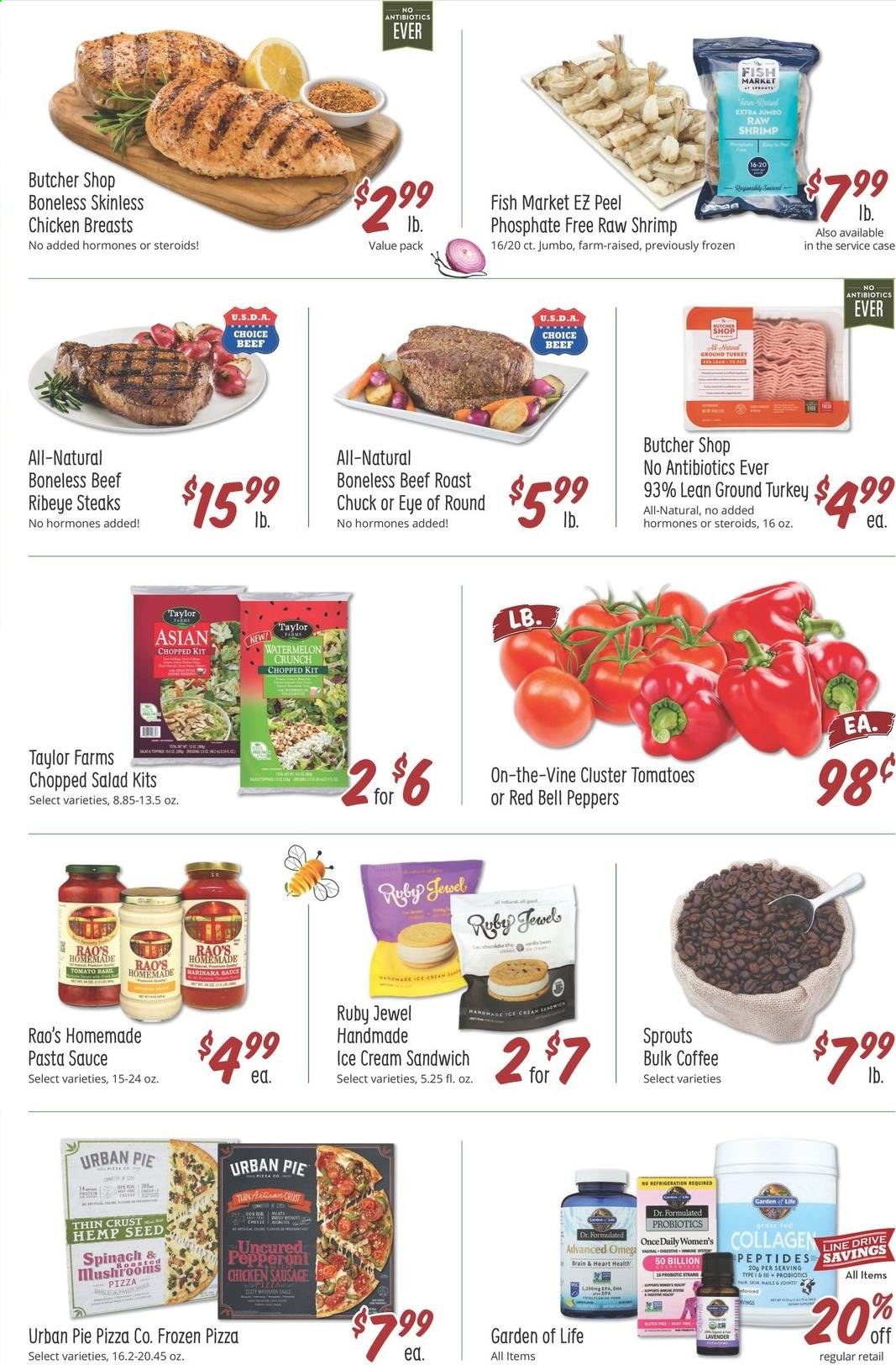thumbnail - Sprouts Flyer - 06/02/2021 - 06/08/2021 - Sales products - bell peppers, tomatoes, salad, peppers, chopped salad, watermelon, shrimps, pizza, pasta sauce, sauce, Urban Pie, sausage, chicken sausage, ice cream, ice cream sandwich, coffee, ground turkey, chicken breasts, beef meat, steak, eye of round, roast beef, ribeye steak, probiotics. Page 2.