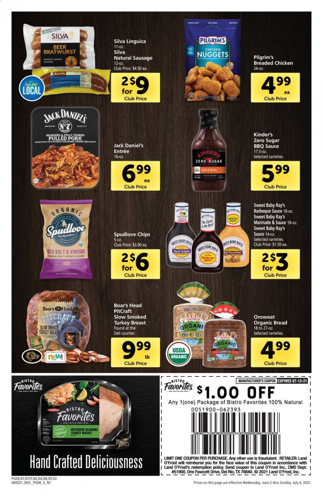 thumbnail - Safeway Flyer - 06/02/2021 - 07/04/2021 - Sales products - bread, pork meat, Jack Daniel's, nuggets, fried chicken, chicken nuggets, pulled pork, bratwurst, sausage, smoked sausage, potato chips, chips, BBQ sauce, marinade, beer. Page 8.