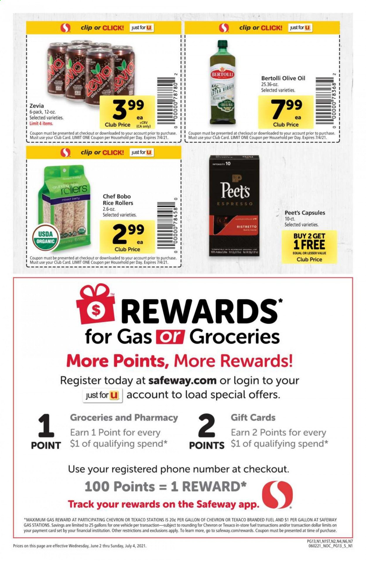 thumbnail - Safeway Flyer - 06/02/2021 - 07/04/2021 - Sales products - Bertolli, rice, olive oil, oil, soda, gallon. Page 13.
