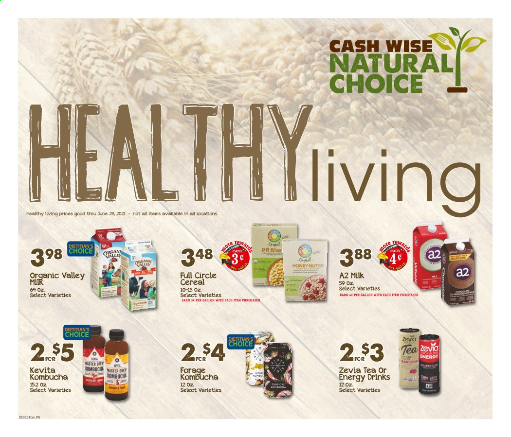 thumbnail - Cash Wise Flyer - 06/02/2021 - 06/29/2021 - Sales products - milk, cereals, energy drink, kombucha, KeVita, tea. Page 1.