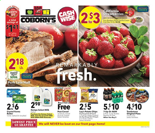 thumbnail - Coborn's Flyer - 06/02/2021 - 06/08/2021 - Sales products - strawberries, pizza, Four Brothers, Kemps, milk, butter, dip, potato chips, chips, Lay’s, cereals, 7UP, A&W, pork loin, pork meat, gallon. Page 1.