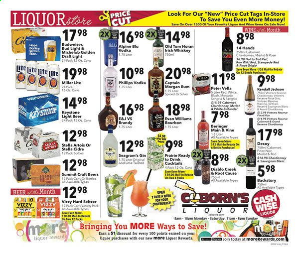 thumbnail - Coborn's Flyer - 06/02/2021 - 06/08/2021 - Sales products - Budweiser, Miller Lite, Stella Artois, Michelob, rice, Cabernet Sauvignon, red wine, white wine, Chardonnay, wine, Merlot, Moscato, Pinot Grigio, rosé wine, bourbon, brandy, Captain Morgan, gin, rum, vodka, whiskey, irish whiskey, Hard Seltzer, whisky, beer, Bud Light, Keystone, rose. Page 1.