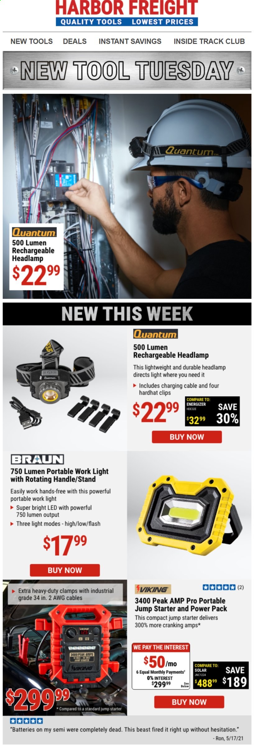 thumbnail - Harbor Freight Flyer - Sales products - Energizer, Braun, headlamp, work light, starter. Page 1.
