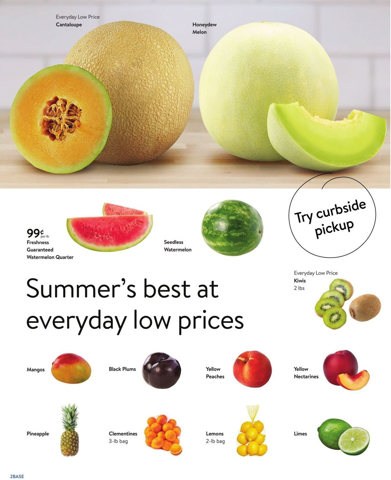 thumbnail - Walmart Flyer - 06/02/2021 - 06/29/2021 - Sales products - plums, cantaloupe, kiwi, limes, mango, watermelon, honeydew, pineapple, clementines, nectarines, melons, lemons, black plums, peaches. Page 2.