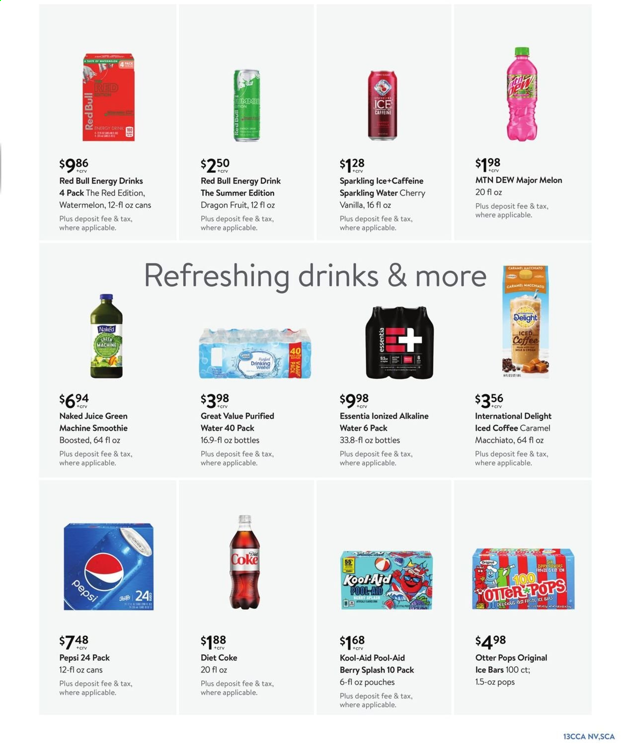 thumbnail - Walmart Flyer - 06/02/2021 - 06/29/2021 - Sales products - watermelon, cherries, dragon fruit, caramel, Mountain Dew, Pepsi, juice, energy drink, Diet Coke, Red Bull, smoothie, sparkling water, iced coffee, toner, melons. Page 13.