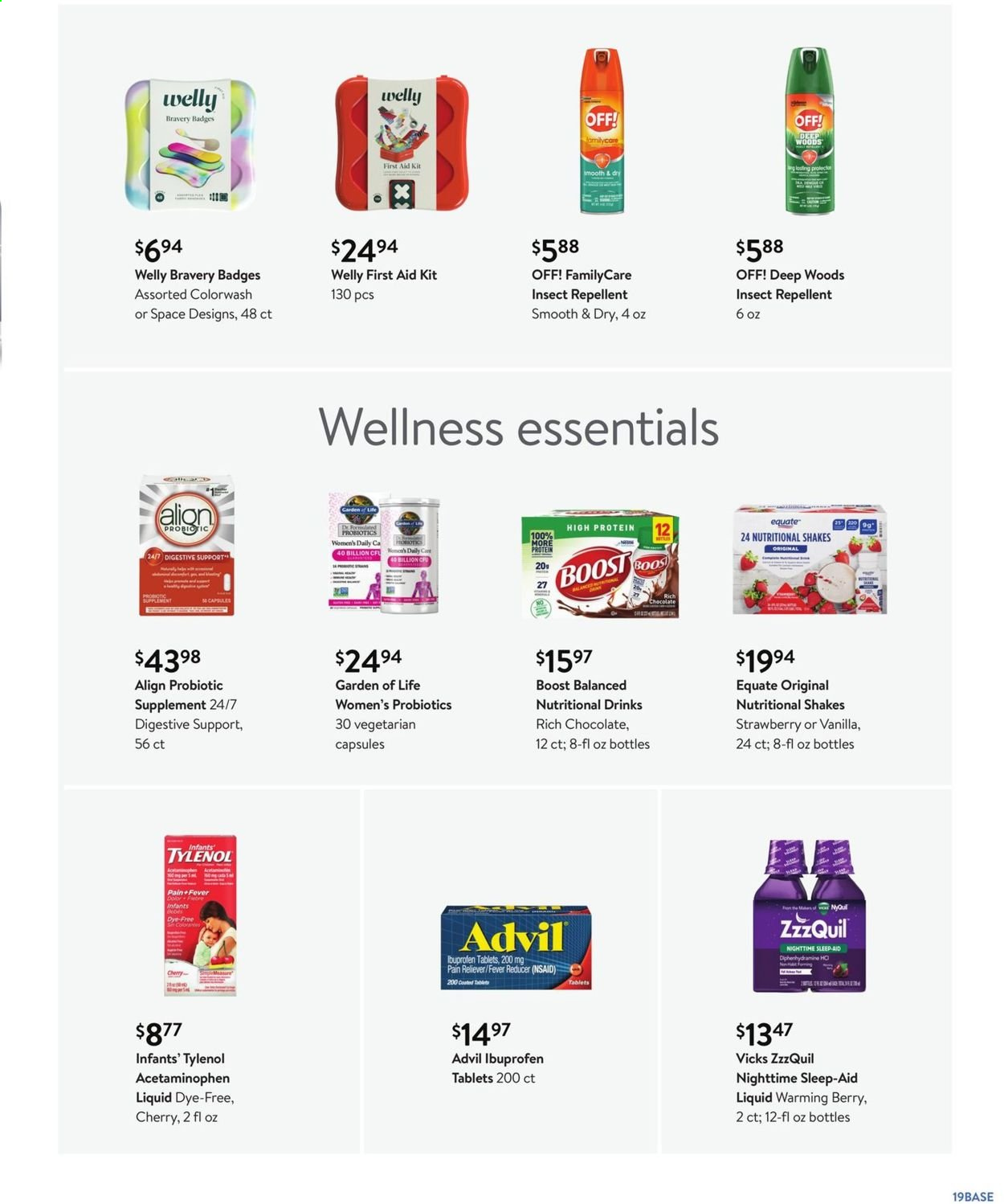 thumbnail - Walmart Flyer - 06/02/2021 - 06/29/2021 - Sales products - cherries, shake, Digestive, Boost, Vicks, first aid kit, Tylenol, ZzzQuil, Ibuprofen, probiotics, Advil Rapid. Page 19.