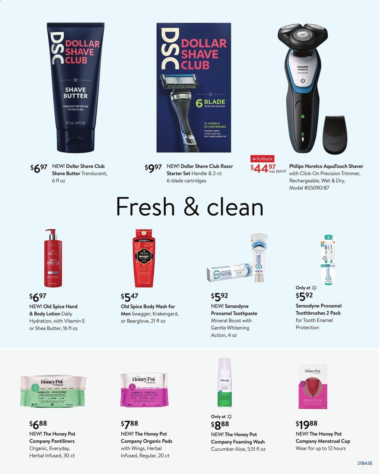 thumbnail - Walmart Flyer - 06/02/2021 - 06/29/2021 - Sales products - spice, Boost, Honey Pot, body wash, Old Spice, toothpaste, Sensodyne, pantiliners, Dollar Shave Club, body lotion, shea butter, razor, shaver, trimmer, pot, cup, Philips, starter. Page 21.
