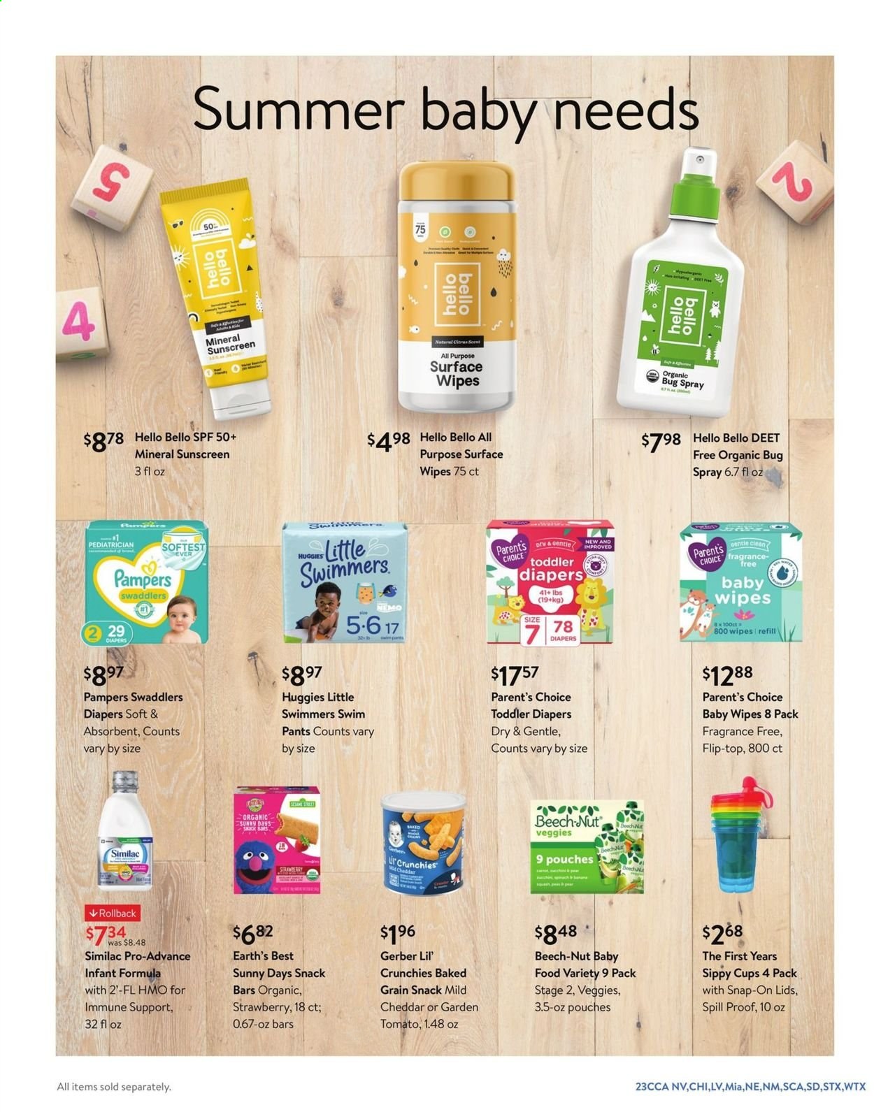 thumbnail - Walmart Flyer - 06/02/2021 - 06/29/2021 - Sales products - cheddar, snack, snack bar, Gerber, Similac, wipes, Huggies, Pampers, pants, baby wipes, nappies, cup. Page 23.