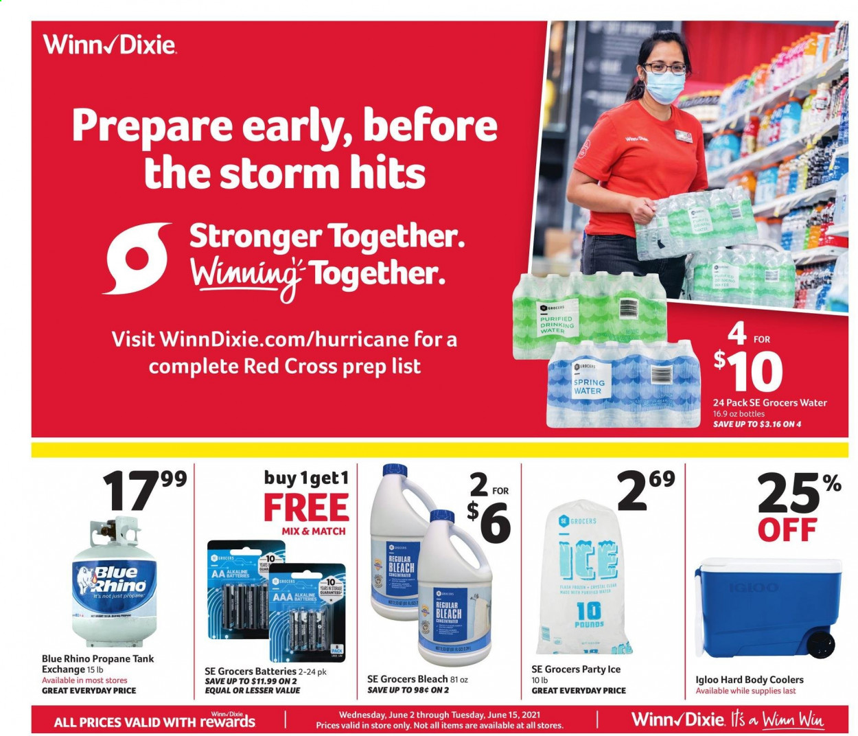 thumbnail - Winn Dixie Flyer - 06/02/2021 - 06/15/2021 - Sales products - spring water, purified water, bleach, tank. Page 1.