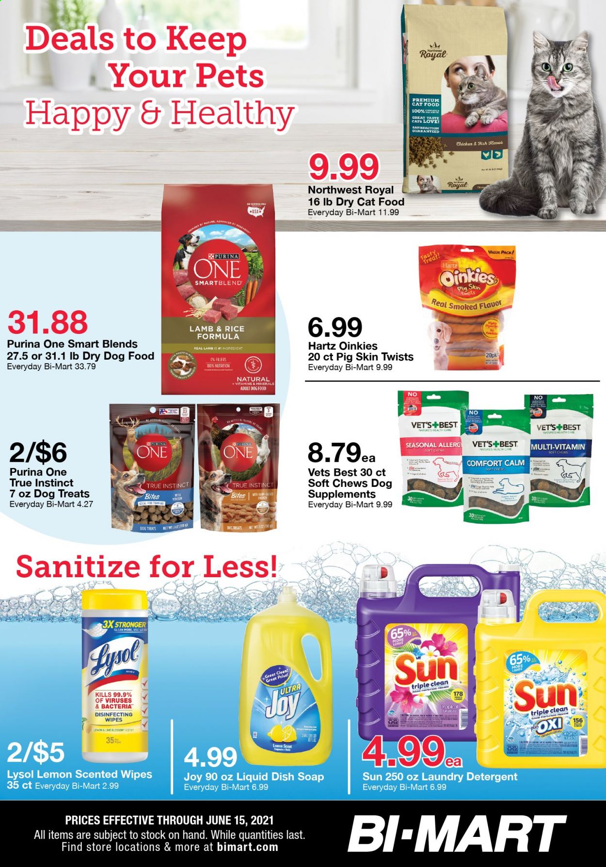 thumbnail - Bi-Mart Flyer - 06/02/2021 - 06/15/2021 - Sales products - Blossom, chewing gum, wipes, detergent, Lysol, laundry detergent, Joy, soap, animal food, cat food, dog food, Purina, dry dog food, dry cat food. Page 8.