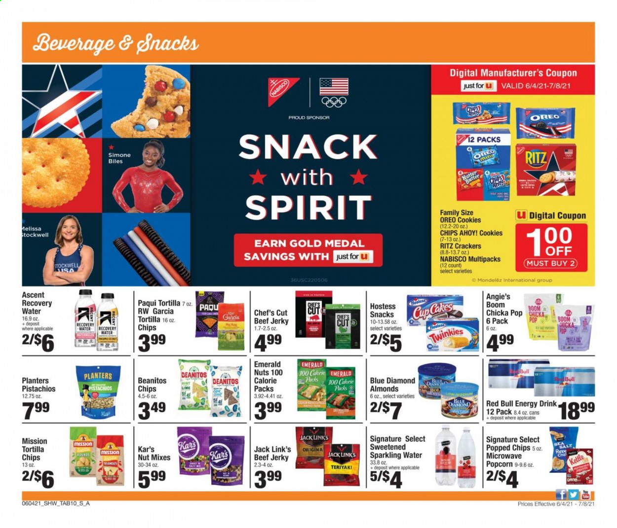 thumbnail - Shaw’s Flyer - 06/04/2021 - 07/08/2021 - Sales products - beef jerky, jerky, Oreo, butter, cookies, snack, crackers, Chips Ahoy!, RITZ, tortilla chips, chips, popcorn, Jack Link's, almonds, pistachios, Planters, Blue Diamond, energy drink, Red Bull, sparkling water, Voom. Page 10.