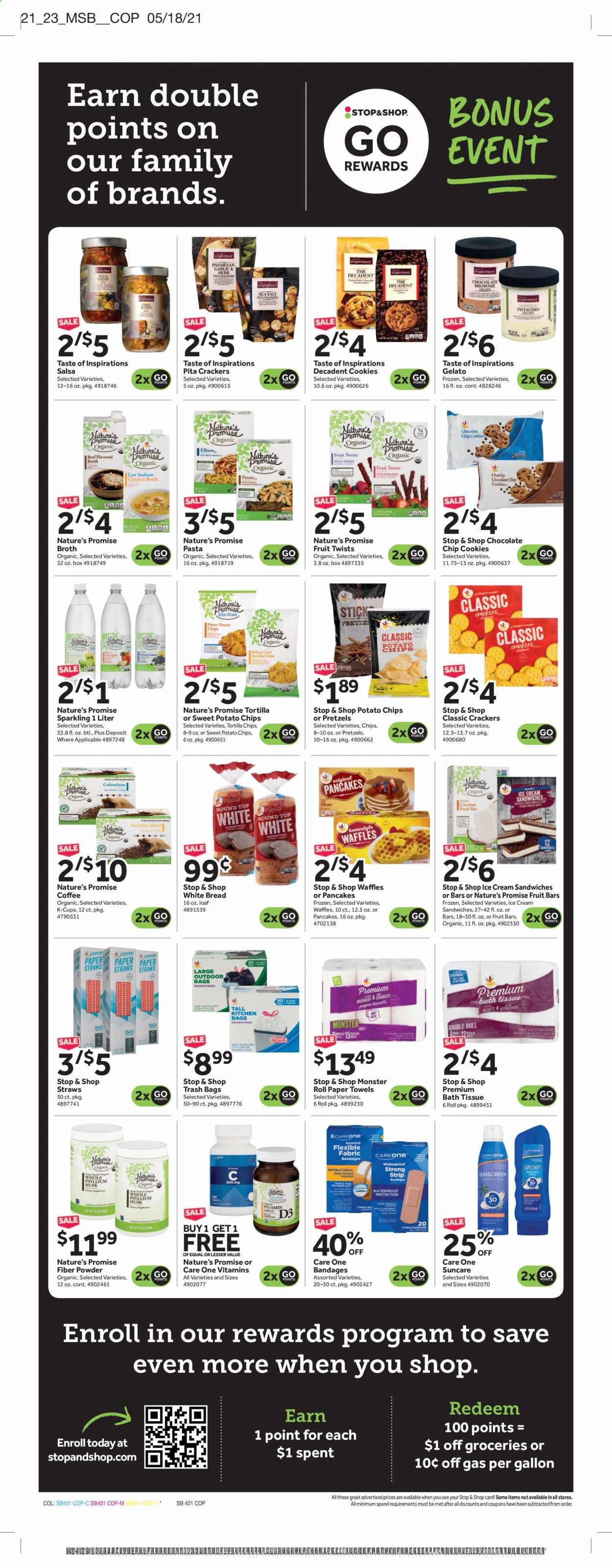 thumbnail - Stop & Shop Flyer - 06/04/2021 - 06/10/2021 - Sales products - bread, white bread, pita, pretzels, Nature’s Promise, pasta, ham, ice cream, ice cream sandwich, gelato, sweet potato fries, cookies, crackers, tortilla chips, potato chips, broth, salsa, Monster, coffee capsules, K-Cups, bath tissue, kitchen towels, paper towels, straw. Page 3.